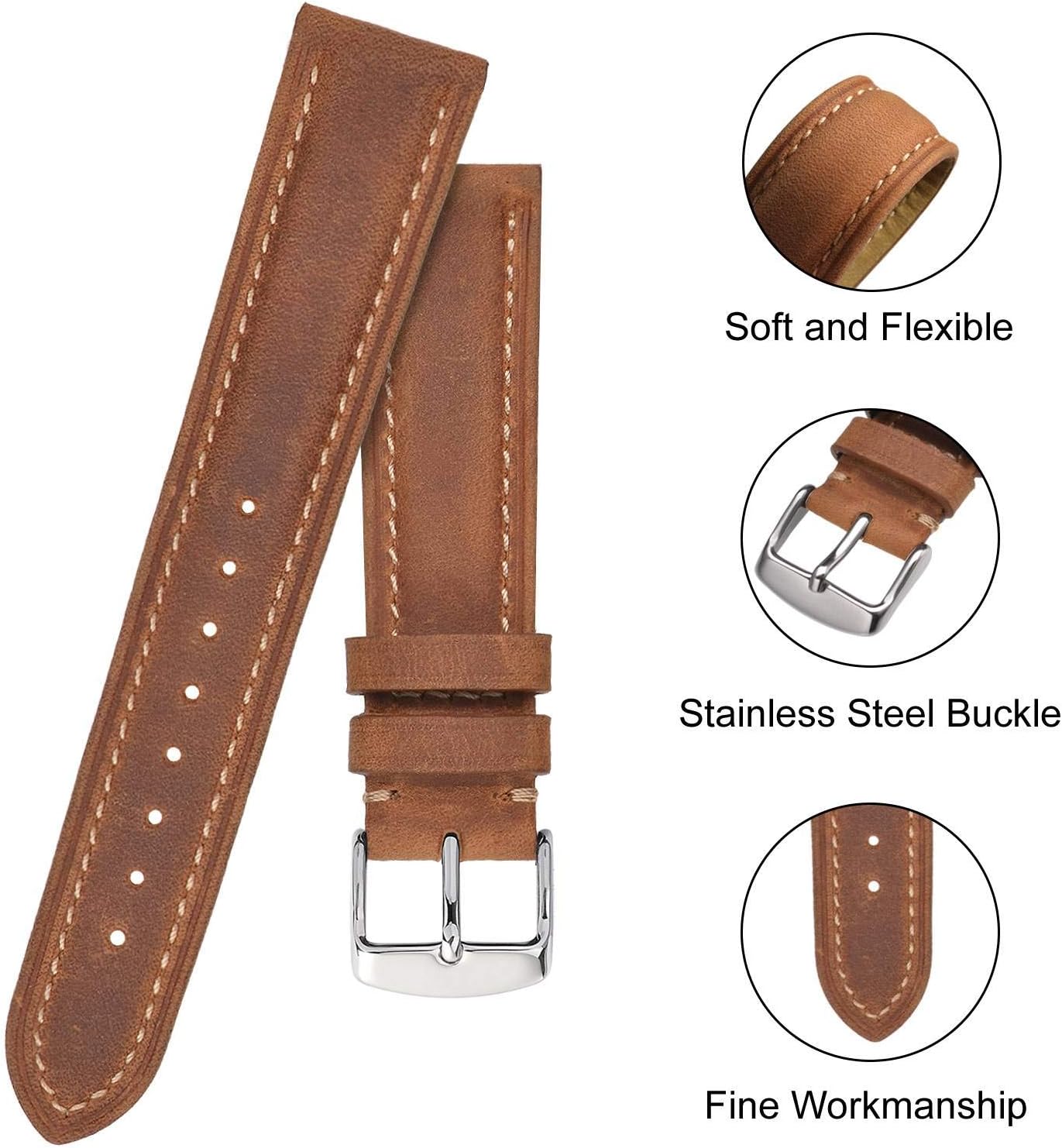 BISONSTRAP Watch Strap, Vintage Leather Replacement Bracelet, Band Width-14mm 15mm 16mm 17mm 18mm 19mm 20mm 21mm 22mm 23mm 24mm - Image 4