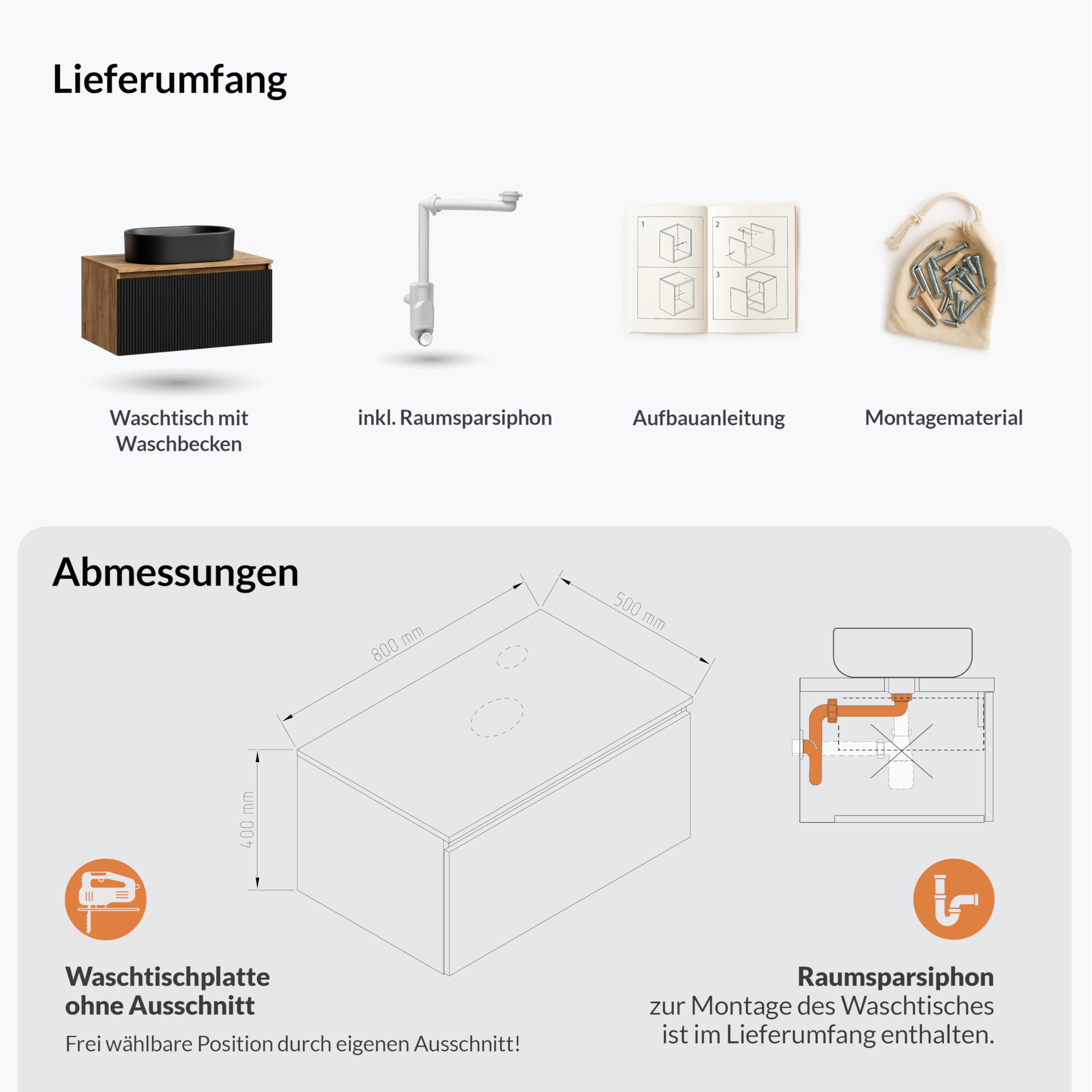 Planetmöbel - Set di mobili da bagno, composto da mobile sottolavabo da 80 cm in oro, rovere nero (a righe), lavandino da 55 cm nero, incluso sifone salvaspazio