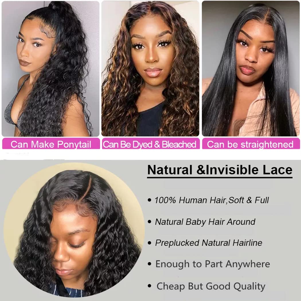 kiss love Deep Wave Lace Front Wigs Human Hair 220 Density 13x4 Curly Lace Front Wigs Human Hair for Women Brazilian Deep Wave Frontal Wig with Natural Baby Hair Natural Color (24Inch)