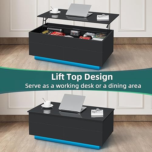 Miniatura 3 de HOMMPA Mesa de centro elevable, mesas de centro negras para sala de estar con almacenamiento oculto y 2 cajones, mesa de café LED de alto brillo,
