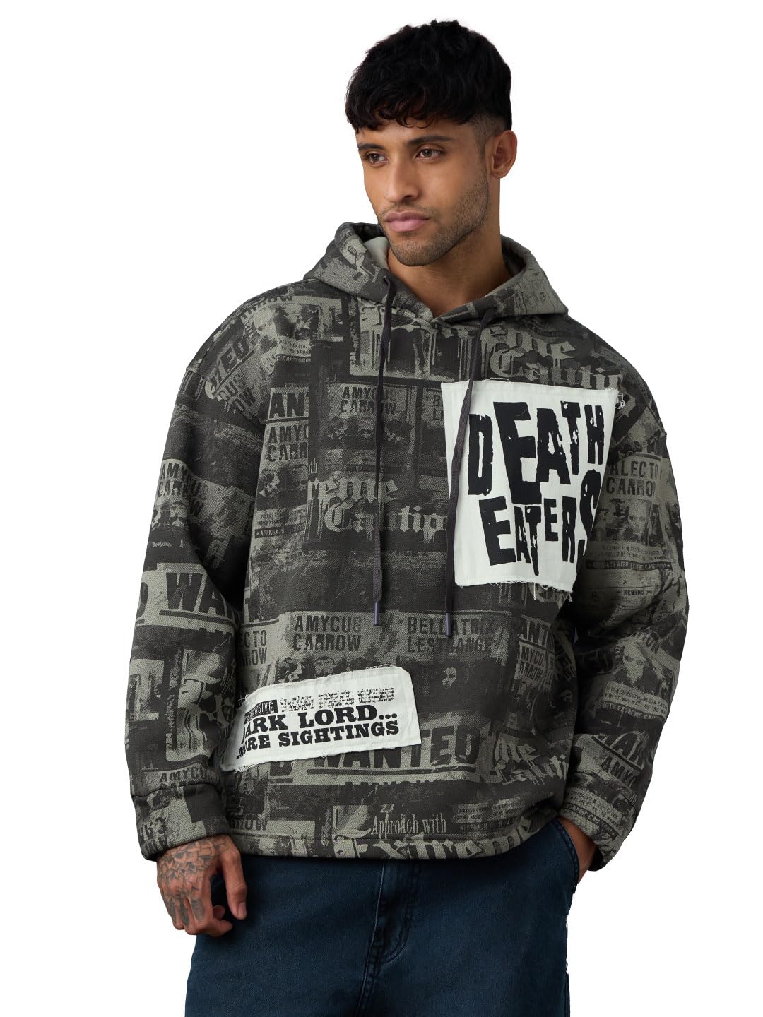 the souled store Harry Potter: Wanted Men and Boys Long Sleeve Hooded Neck Dark Grey Typography Graphic Printed Cotton Blend Oversized Fit Pullover Hoodie-picture-27