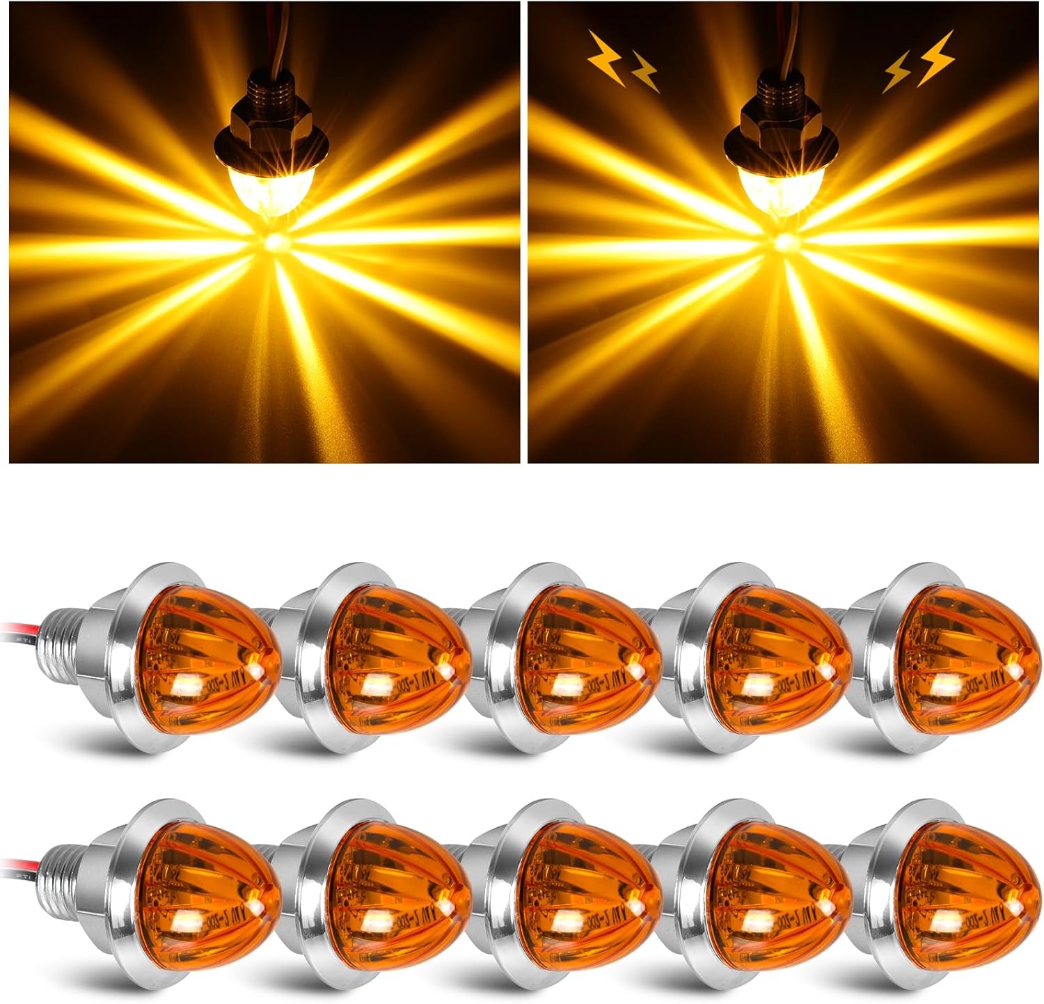 10PCS Mini Watermelon Lights, 3/4 Inch Strobe & Constant Dual Function Amber LED Watermelon Lights, IP65 Waterproof Side Clearance Tail Griller Flash Lights Turn Signal for 12V Semi Trailers Trucks RV