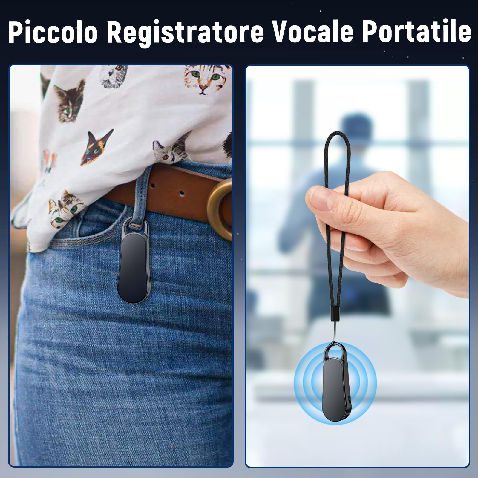 64GB Registratore Vocale Mini–Design a Portachiavi, 35 Ore di Registrazione, Custodia in Metallo, Audio Hi-Fi 1536KBPS, Registrazione con un Solo Tasto, Registratore Attivato per Riunioni