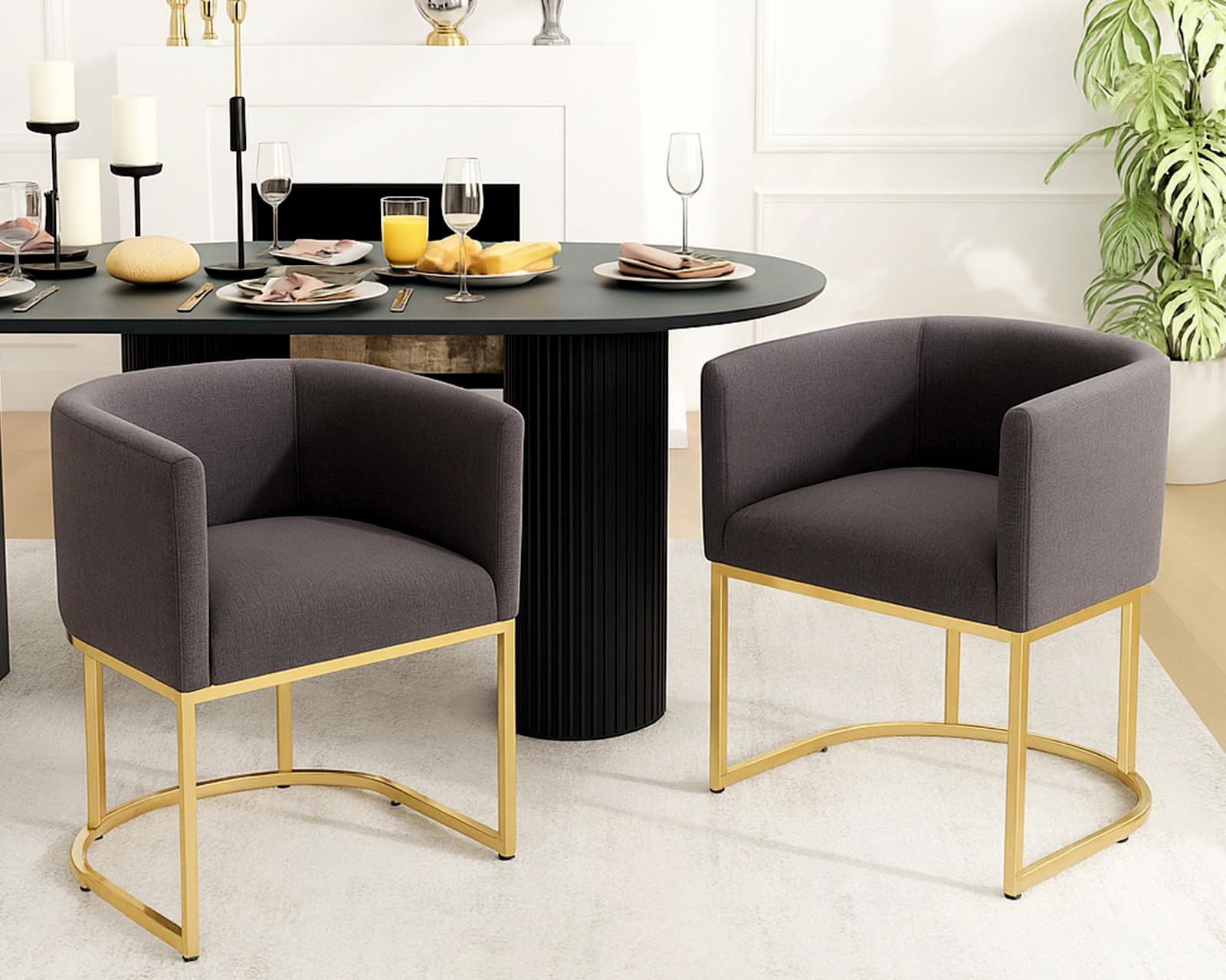 HNY Mid Century Modern Upholstered Barrel Dining Chairs with Arms Set of 2, Linen Kitchen &amp; Dining Room Chairs, 18.5" Wide Accent Chairs for Dining Room Living Room with Gold Metal Frame, Charcoal
