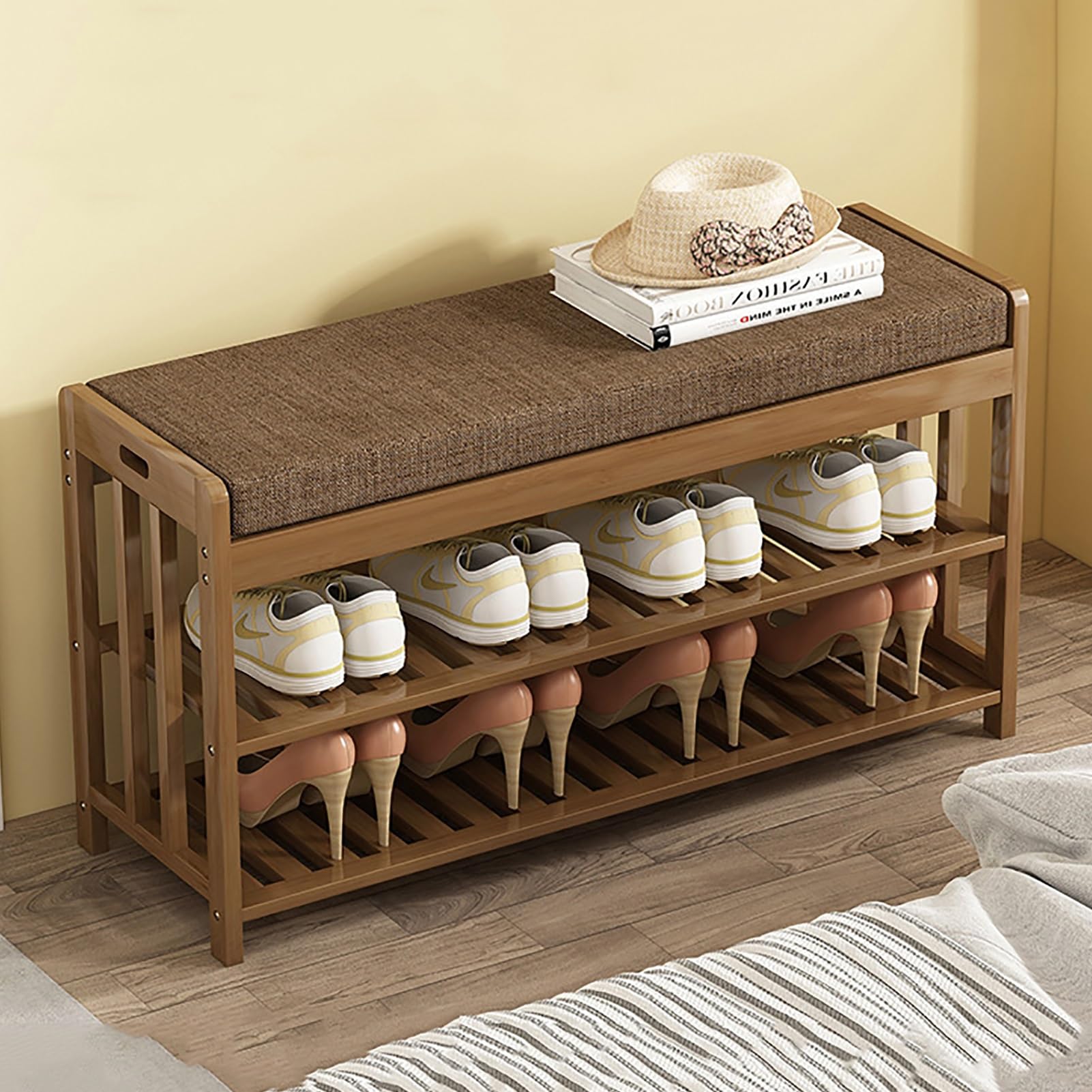 LWJSOCP Wardrobe Shoe RackBamboo Shoe Rack Bench with Cushion Stylish Entryway Storage Seat for Shoes Living Room & Bedroom nizer Hallway Essential