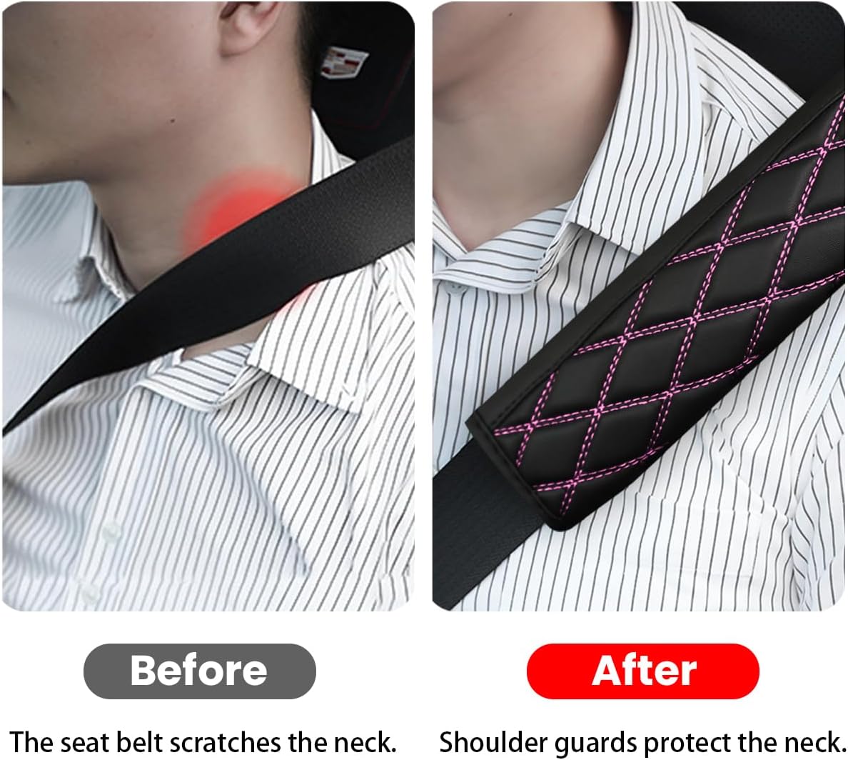 Bittwee 2PCS Car Seat Belt Pads, Breathable Soft Leather, Black/Pink image 3