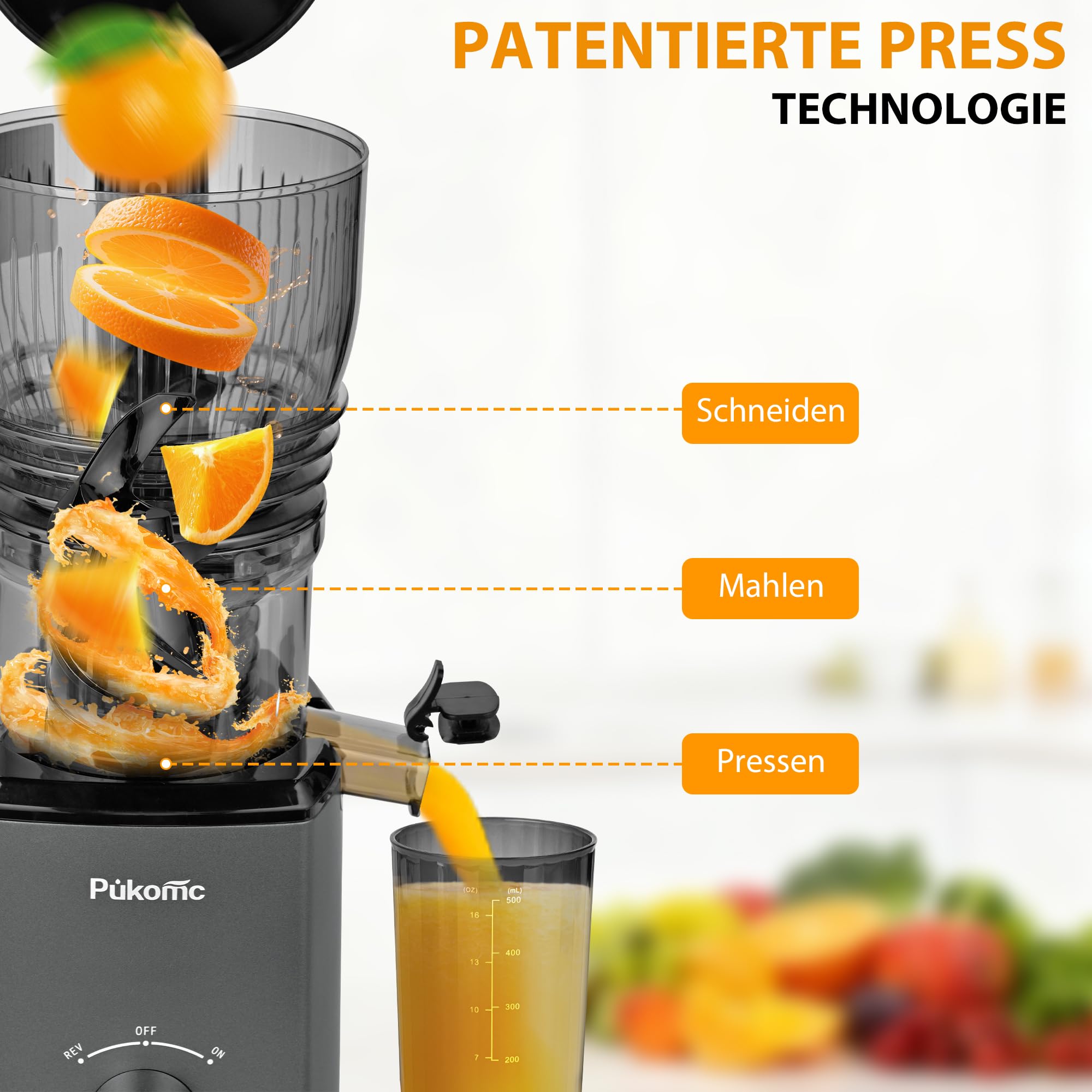 PUKOMC Kaltpressentsafter mit 14,7 cm (5,8 Zoll) großem Einwurf - Slow Juicer für ganze Früchte und Gemüse, 1,8 Liter Behälter, 300W, inklusive Reinigungsbürste und Auffangbecher, grau