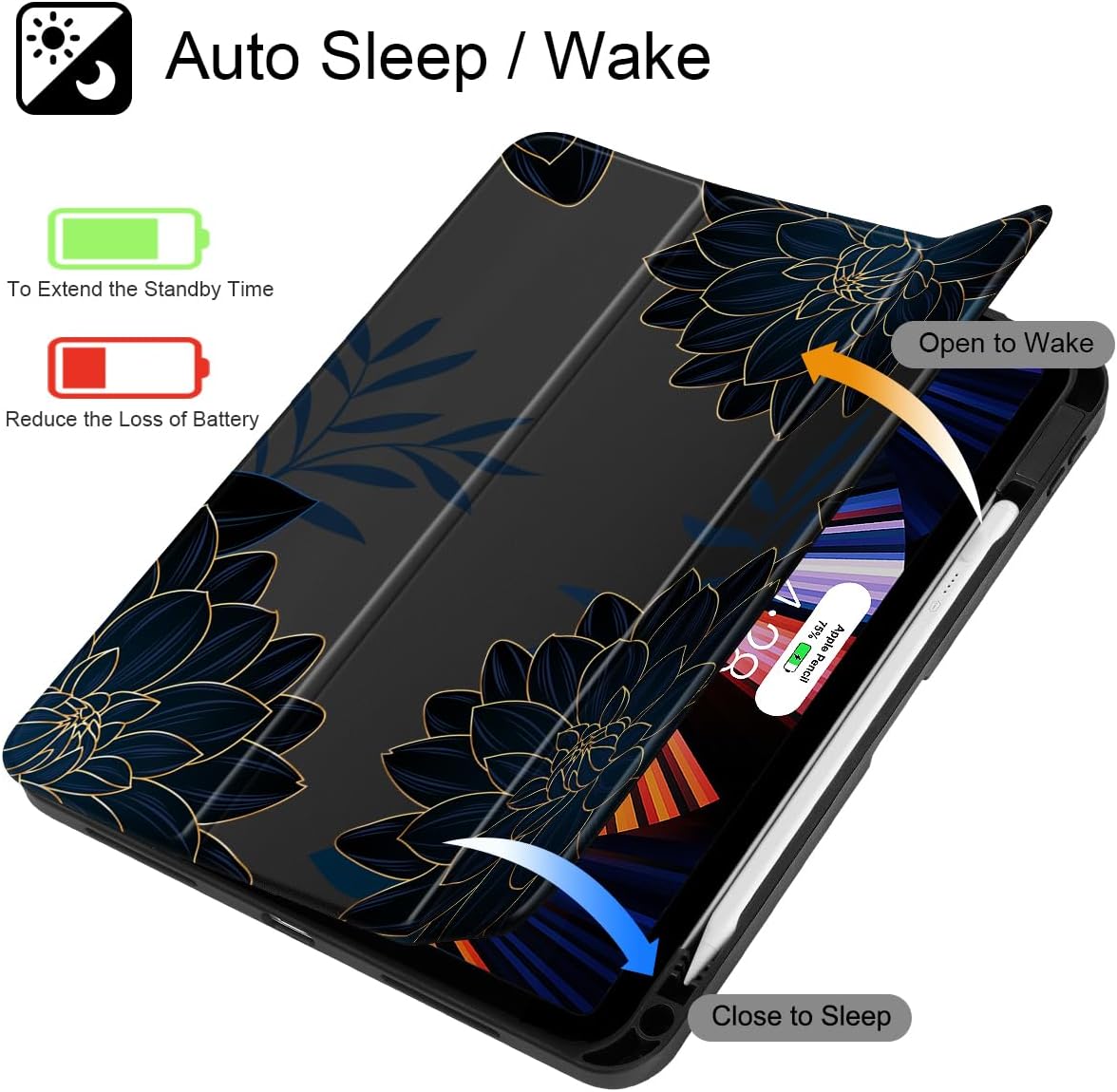 Case for iPad 11 inch A16 2025 Generation 11th / iPad 10.9 inch 2022 10th Gen, Buit in Pencil Holder with Shockproof Cover Clear Transparent Back Shell Auto Wake/Sleep, Flower Dahlia - Image 3