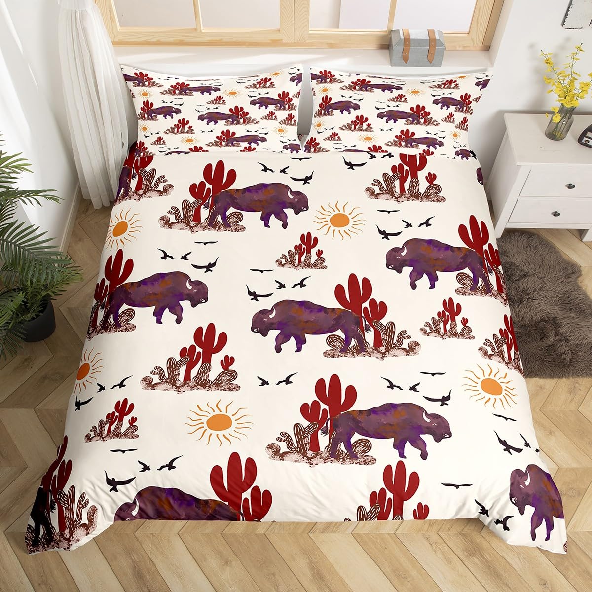 Homemissing Buffalo Ranch North American Bisons Super King Size Western Bisons Bedding Sets Rustic Country Cabin Southwestern Animal Duvet Cover for Kids Boys Girls Brown Cream Farmhouse