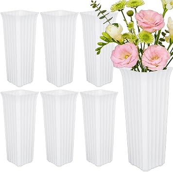 Flower Buckets for Cut Flowers, Stripes Floral Buckets Modern Square Vases for Centerpieces Display, Elegant Decorative Plastic Vases for Home Office Centerpiece Wedding Decoration White 12inch