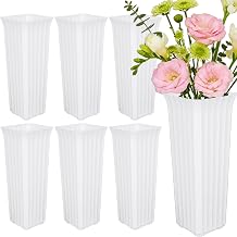 Flower Buckets for Cut Flowers, Stripes Floral Buckets Modern Square Vases for Centerpieces Display, Elegant Decorative Plastic Vases for Home Office Centerpiece Wedding Decoration White 12inch