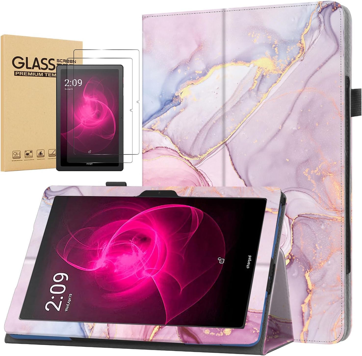 Case for T-Mobile Revvl Tab 5G 10.36" Tablet 2023 Release - Slim Lightweight Folio Stand Cover PU Leather Case Cover + 2 Pieces Glass Screen Protector (Pink Marble)