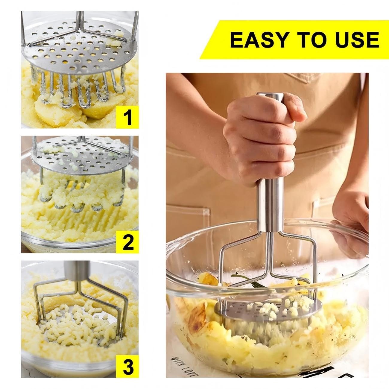 Presse-purée en acier inoxydable argenté - Outil de cuisine pour pommes de terre, fruits et légumes