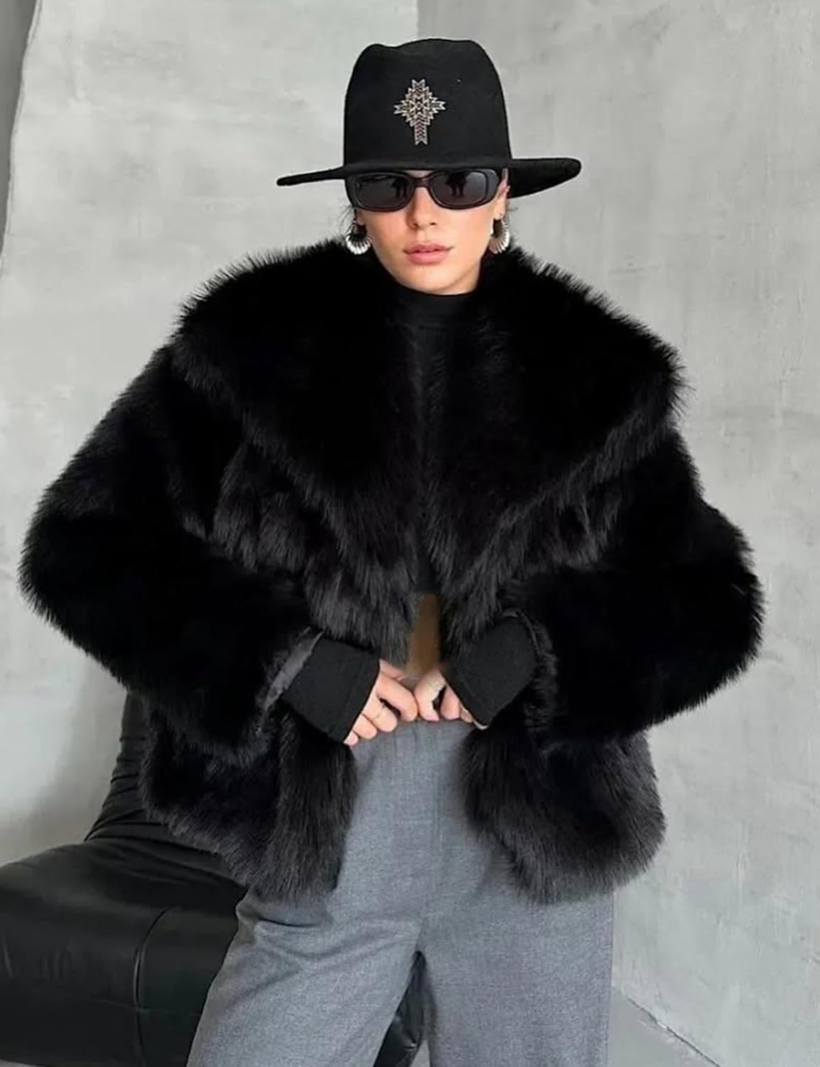 FOMELY Faux Fur Coat Fluffy Fur Jacket Women Lapel Collar Open Front Winter Coat Shaggy Outwear With Pockets - Image 3
