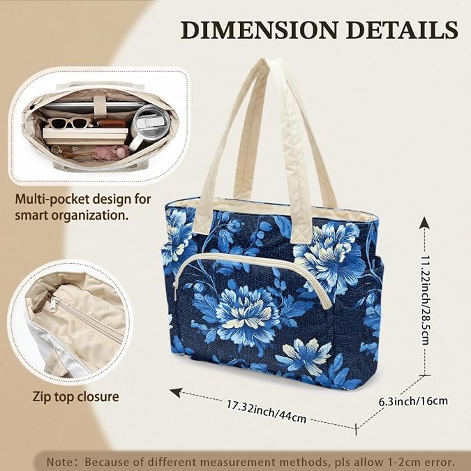 Women Floral Tote Bag Large Multi Pocket Shoulder Handbag
