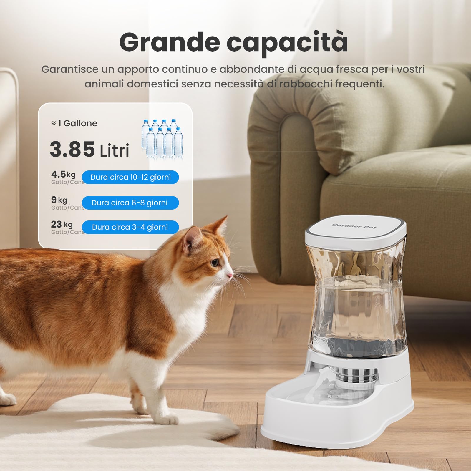 Gardner Pet 3.85L Dispenser Acqua Gatti, Dispenser Acqua Cani con Ciotola in Plastica, GravitÀ Abbeveratoio per Cani Non è Richiesta ElettricitÀ, Senza BPA, Bianco