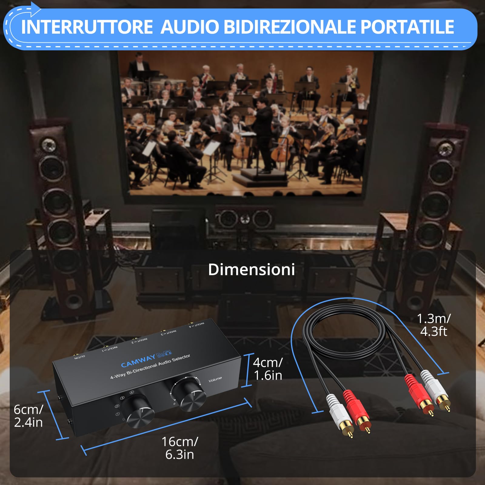 CAMWAY Commutatore Audio Bidirezionale 1x4/4x1 RCA e 3.5mm con Manopola di Controllo del Volume e Interruttore OFF,Selettore a 4 Porte per Cuffie Amplificatori,Bidirezionale Aux Sound Splitter
