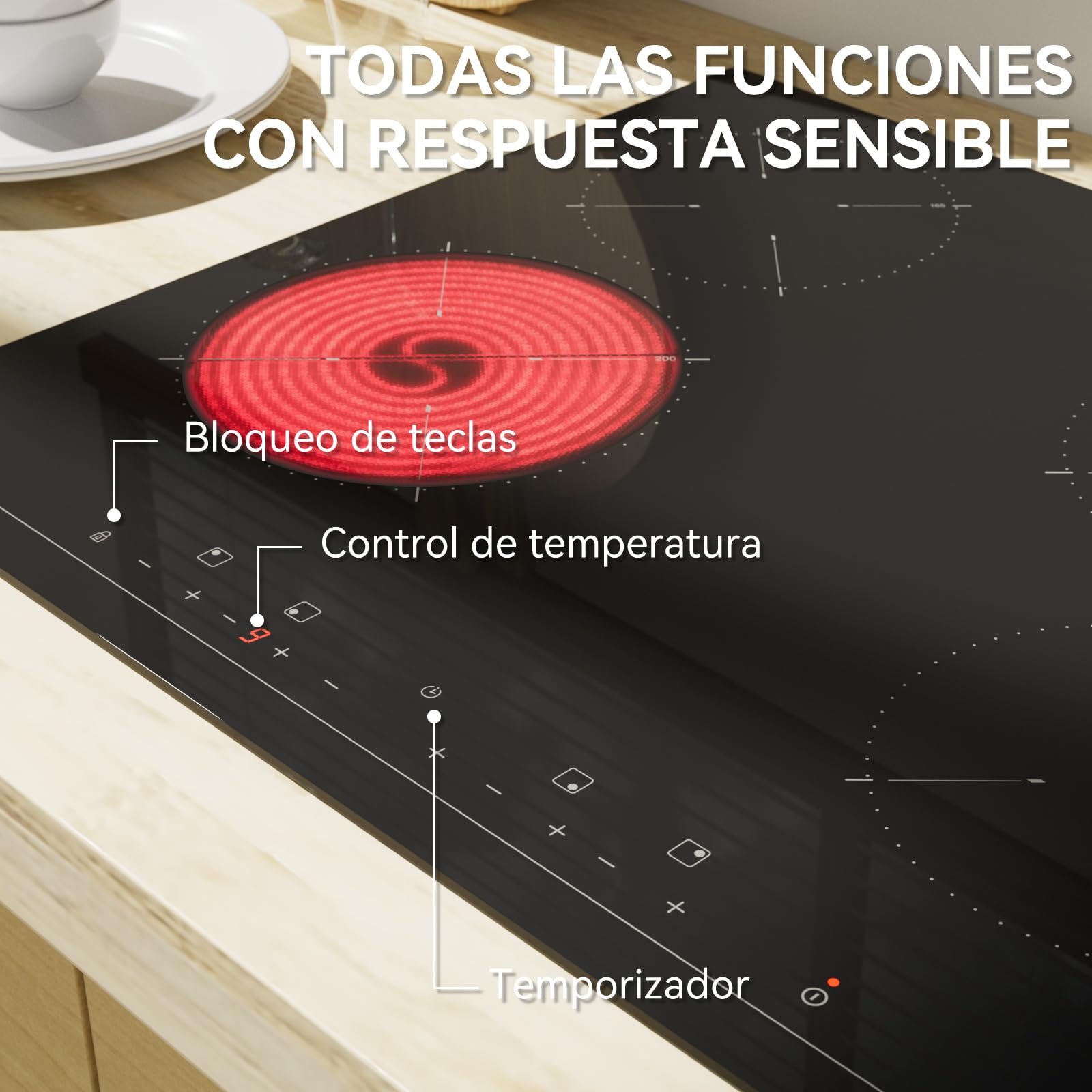 Hermitlux Placa Vitroceramica 4 Fuegos 59cm, 6600W, 9 Niveles, Sin Enchufe