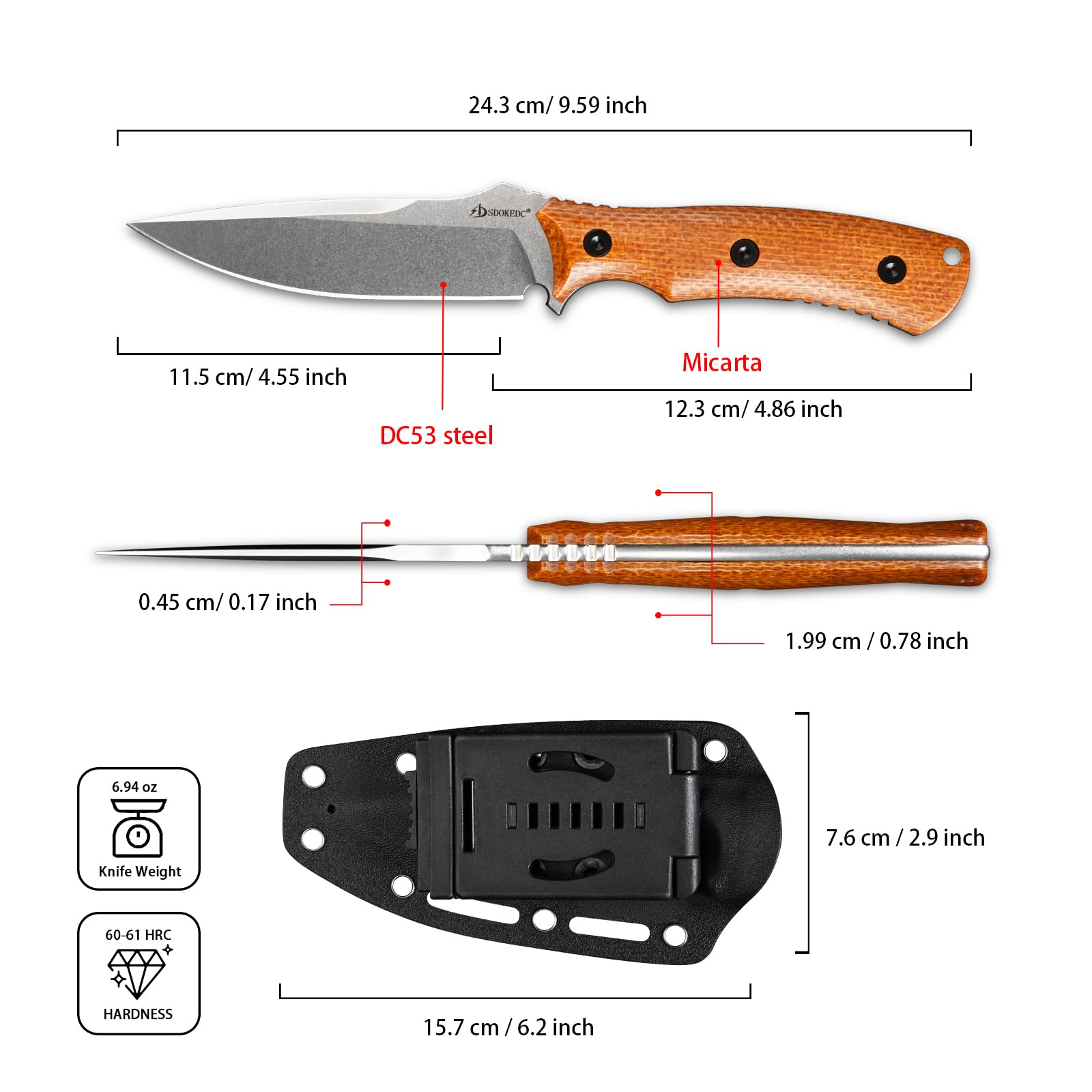 DC53 Stahl Feststehendes Outdoor Werkzeug mit Micarta Griff & Kydex Scheide, Jagdwerkzeug für Männer, EDC Camping Survival Angeln (Weiß/Gelb)