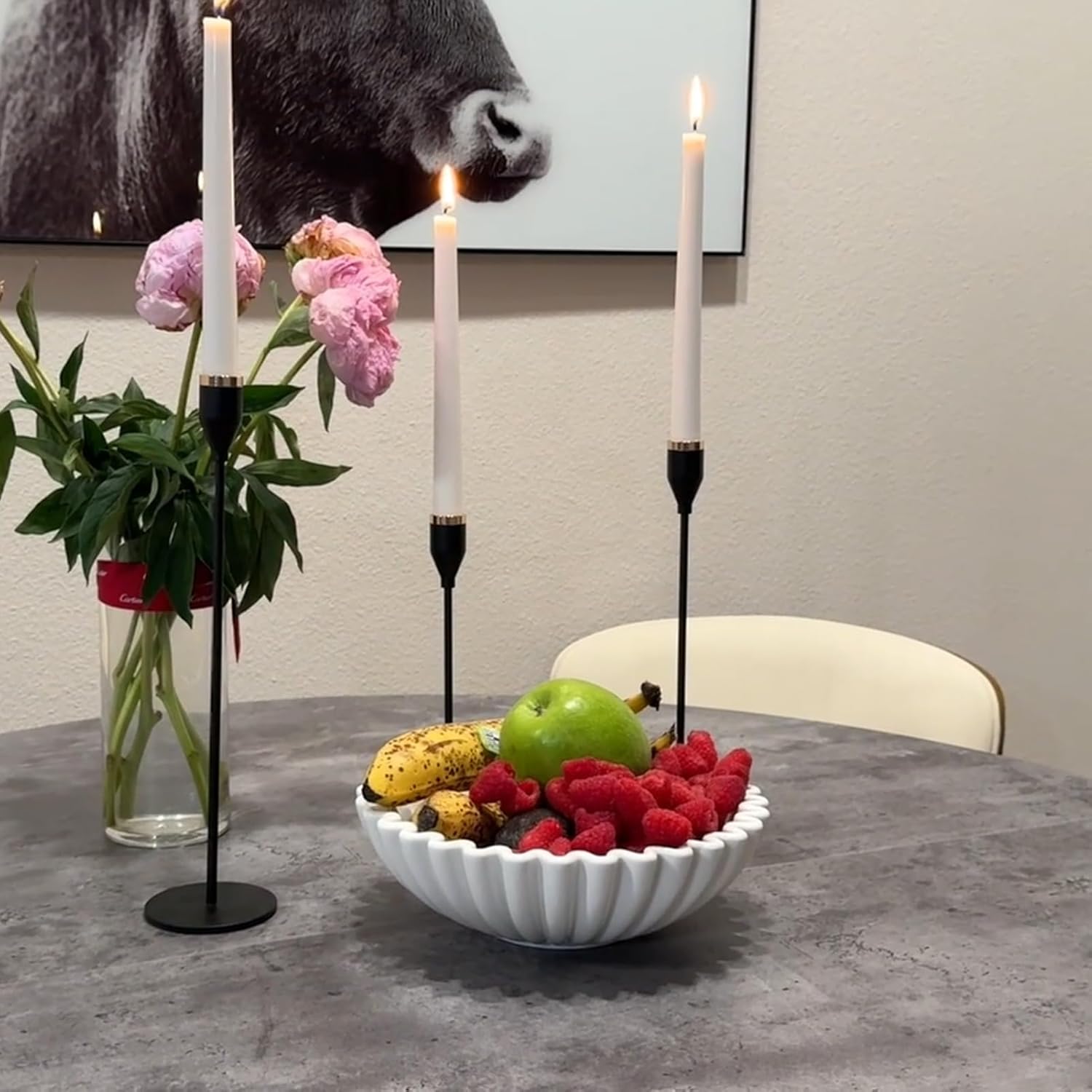 KULEDM Large Decorative Bowl Home Decor - 10in Ceramic White Scalloped Ruffle Fruit Bowl for Kitchen Counter, Dishwasher & Microwave Safe