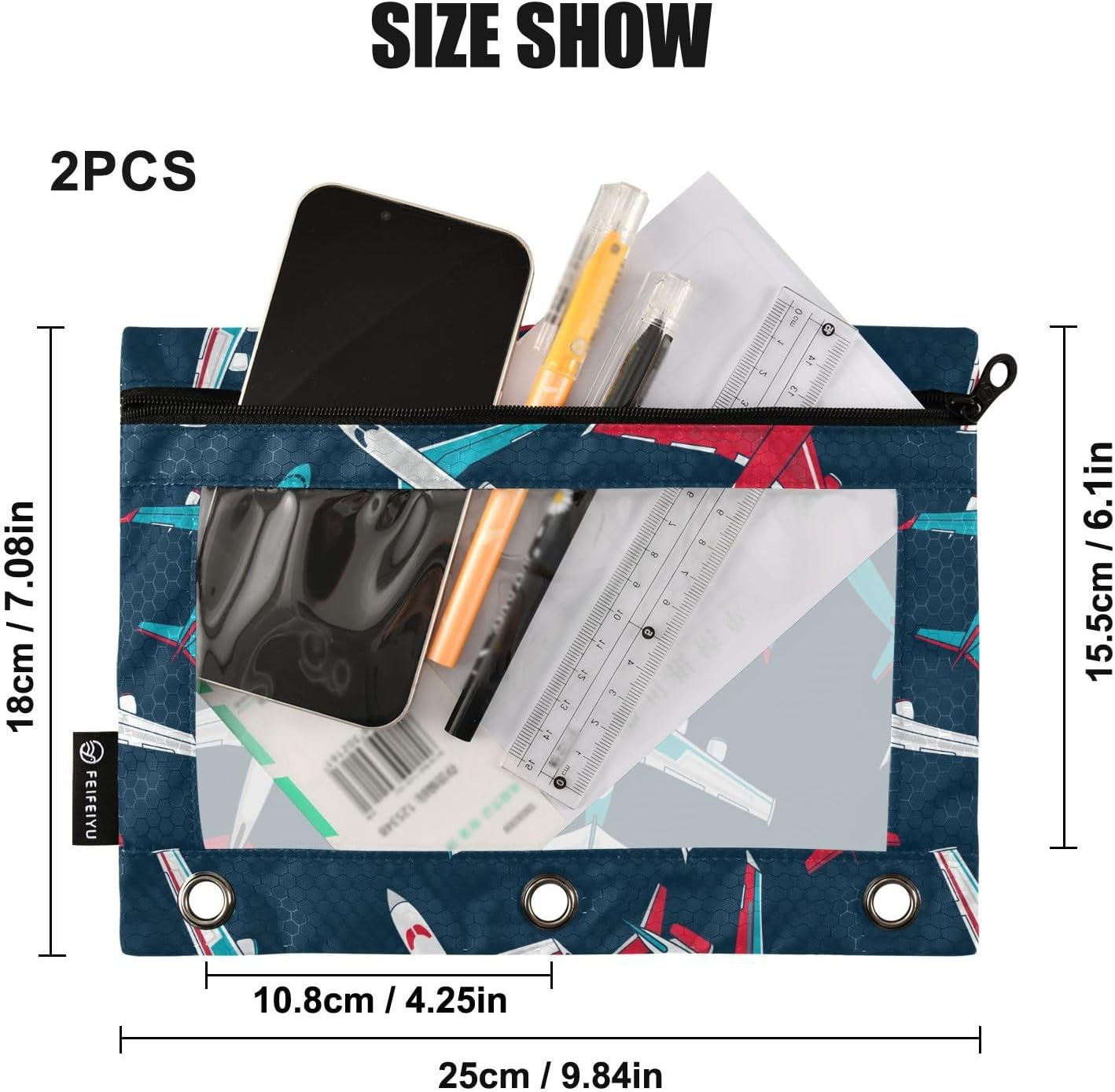 Airplanes Dark Blue Pencil Pouch for 3 Ring Binder, Three Hole Pencil Case for Binder Bulk Pencil Bag with Clear Window and Zipper for Office School College, 2 Pack, 9.84*7.08in