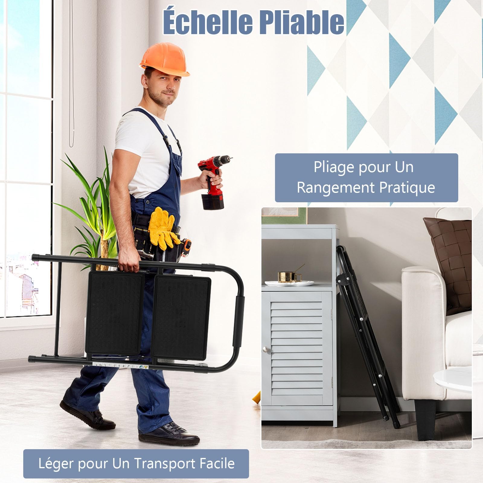GYMAX Escabeau 2 Marches Pliable, Charge 265 kg, avec Pédales Larges et Antidérapantes, Poignée Rembourrée, Cadre Métallique, Utilisation Intérieur Extérieur