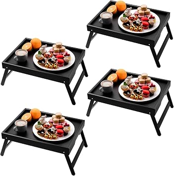 Fibogollo 4 Pack Bamboo Bed Tray Table with Folding Legs,Breakfast Trays,Serving Tray,Laptop Trays for Working,Food Snack Tray for Bed and SofaBlack