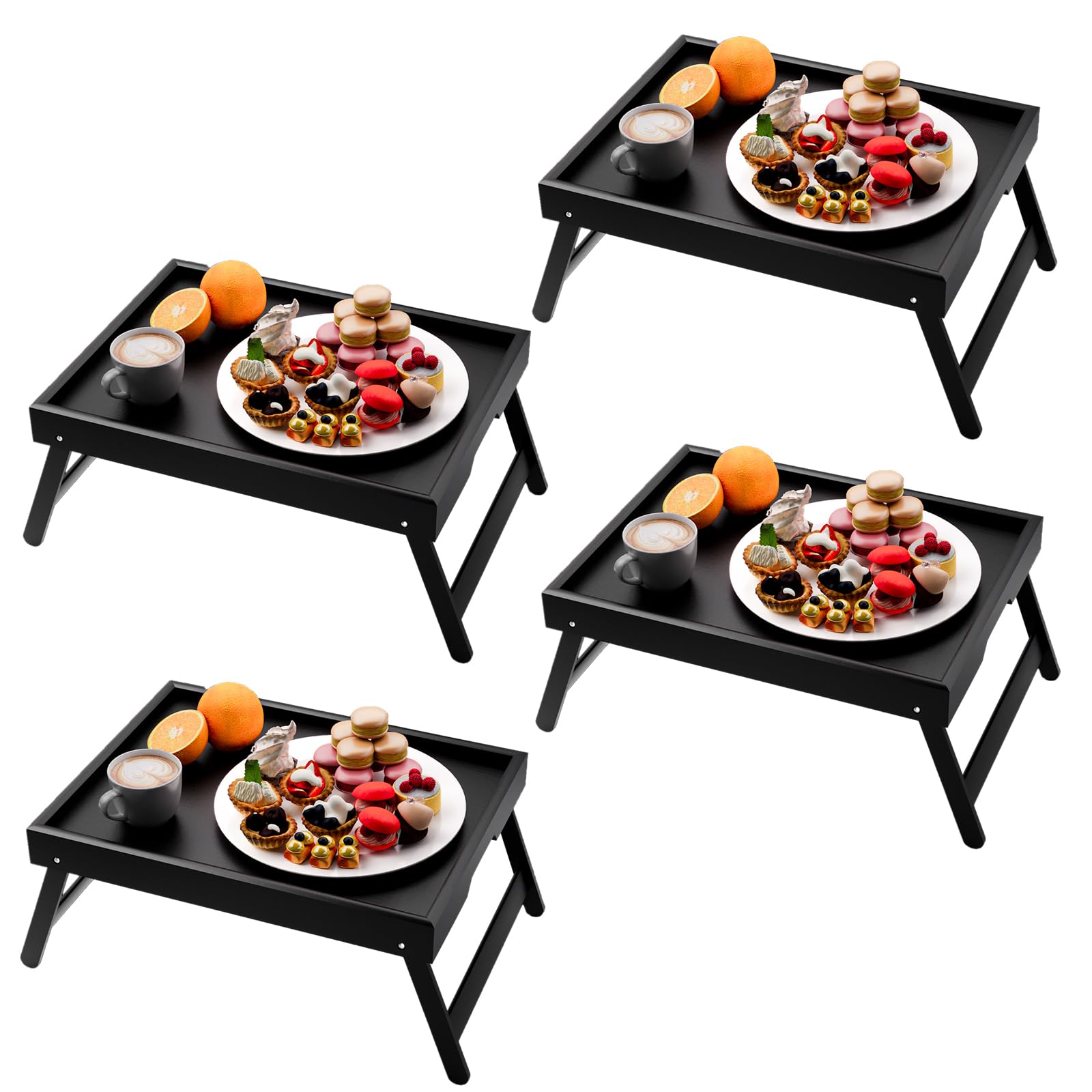 Fibogollo 4 Pack Bamboo Bed Tray Table with Folding Legs,Breakfast Trays,Serving Tray,Laptop Trays for Working,Food Snack Tray for Bed and Sofa(Black)