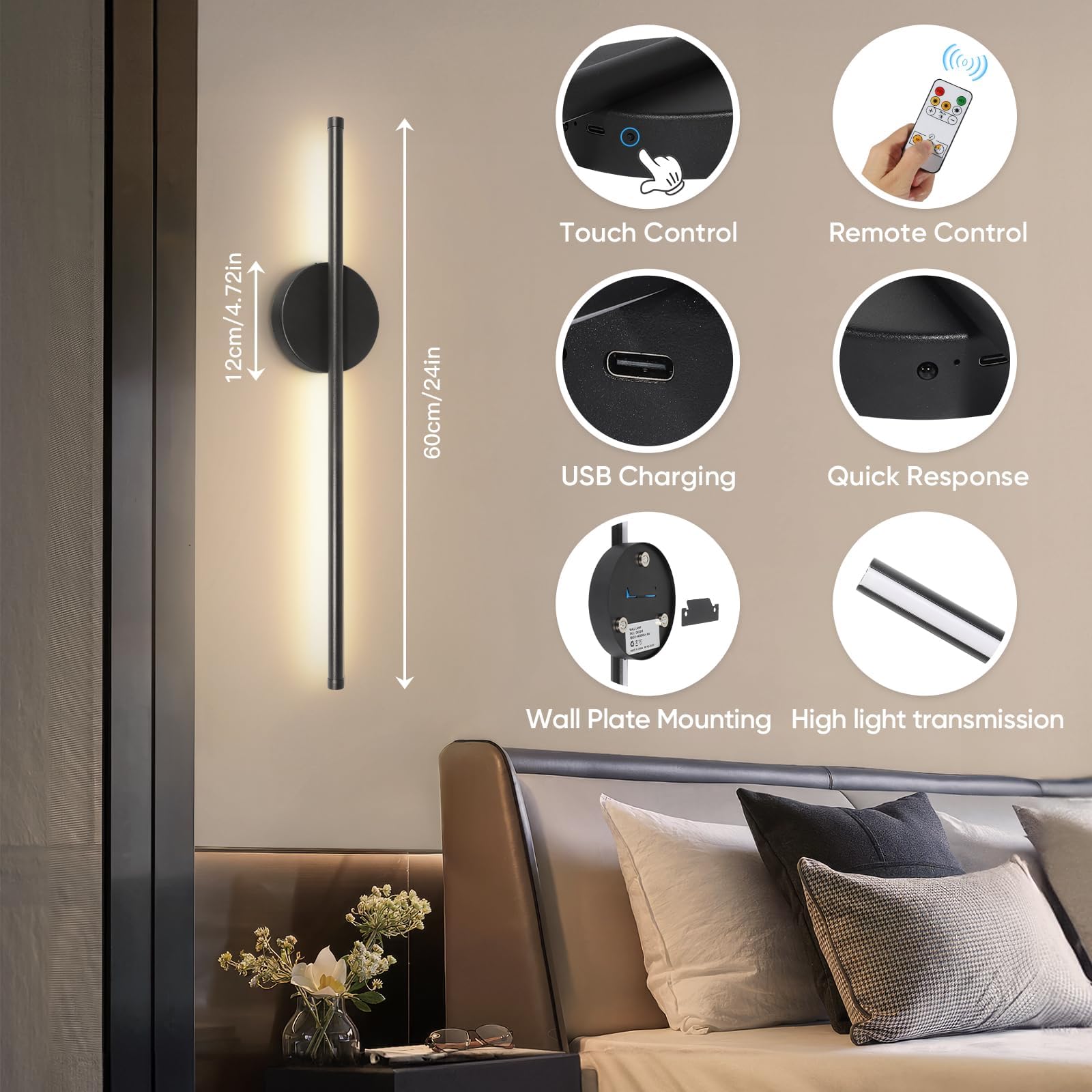 TaoFiaCo 60CM Appliques Murale LED Intérieure Noir Lot de 2 - Lampe Murale sans Fil 3 Températures de Couleur - Luminaire Mural à Batterie avec Télécommande pour Chambre à Coucher Salon Salle à Manger