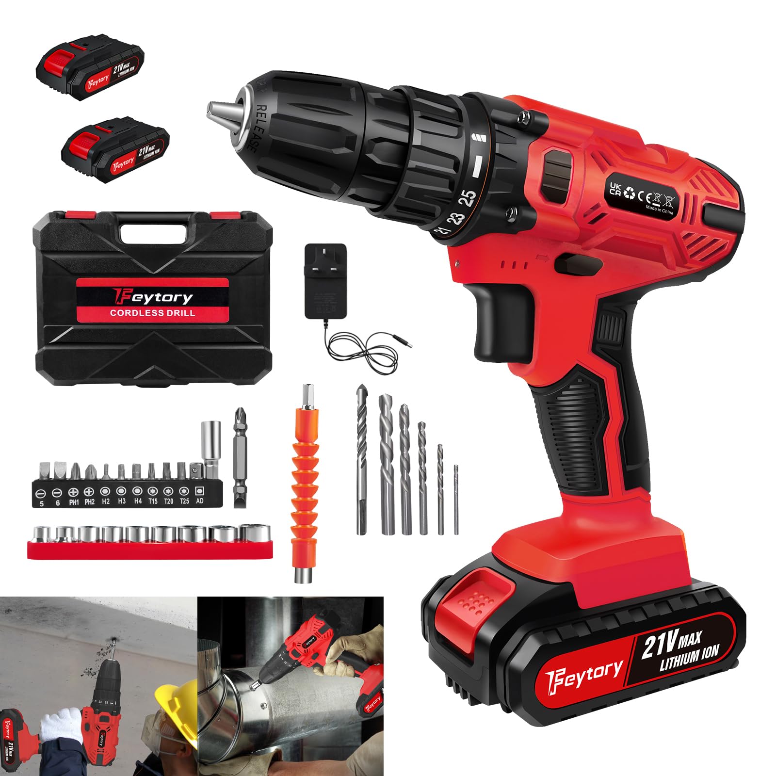 Red 21V Cordless Drill Driver - 45N.m Max Power, 2 Speed, LED Light, 29PCS Electric Screwdriver Drill Kit With 2 Batteries, 25+1 Torque