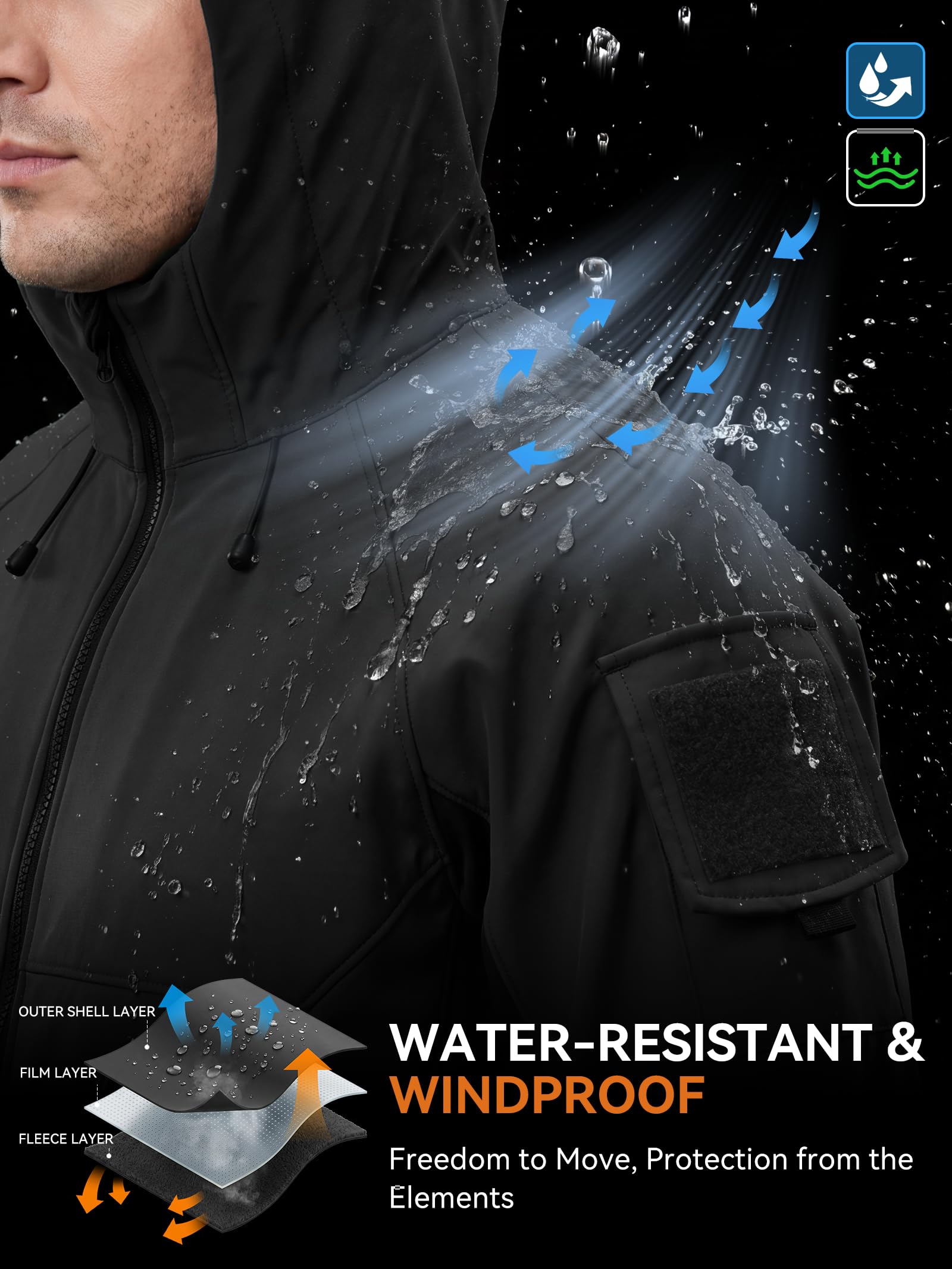 Herren Softshelljacke, Wasserabweisend & Winddicht, Warm mit Fleecefutter, Winterjacke Funktionsjacke mit Kapuze für Wandern, Radfahren, Camping