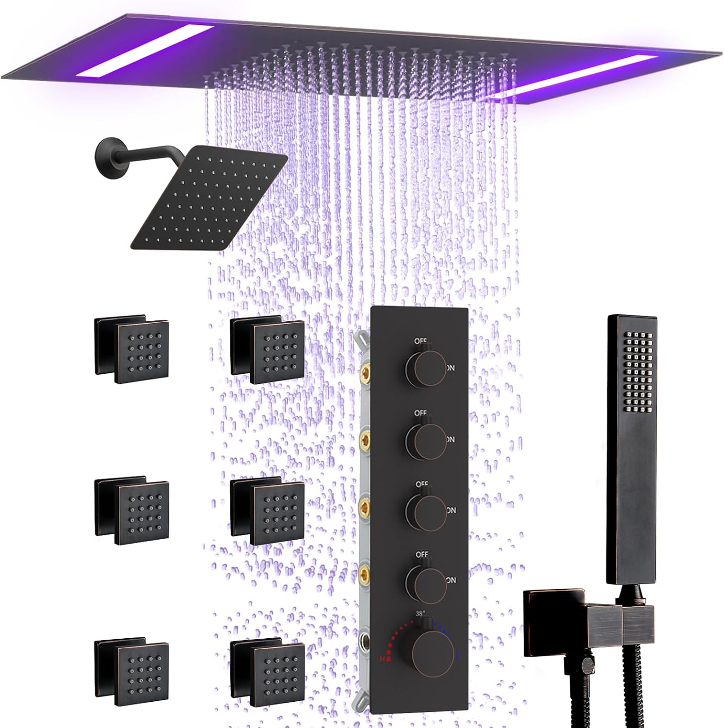 Thermostatic Shower System with 14x20 Inch Ceiling Mount LED Head & 6 Inch Wall Head and Handheld Shower 4 Function Vale with body jets, Oil Rubbed Bronz