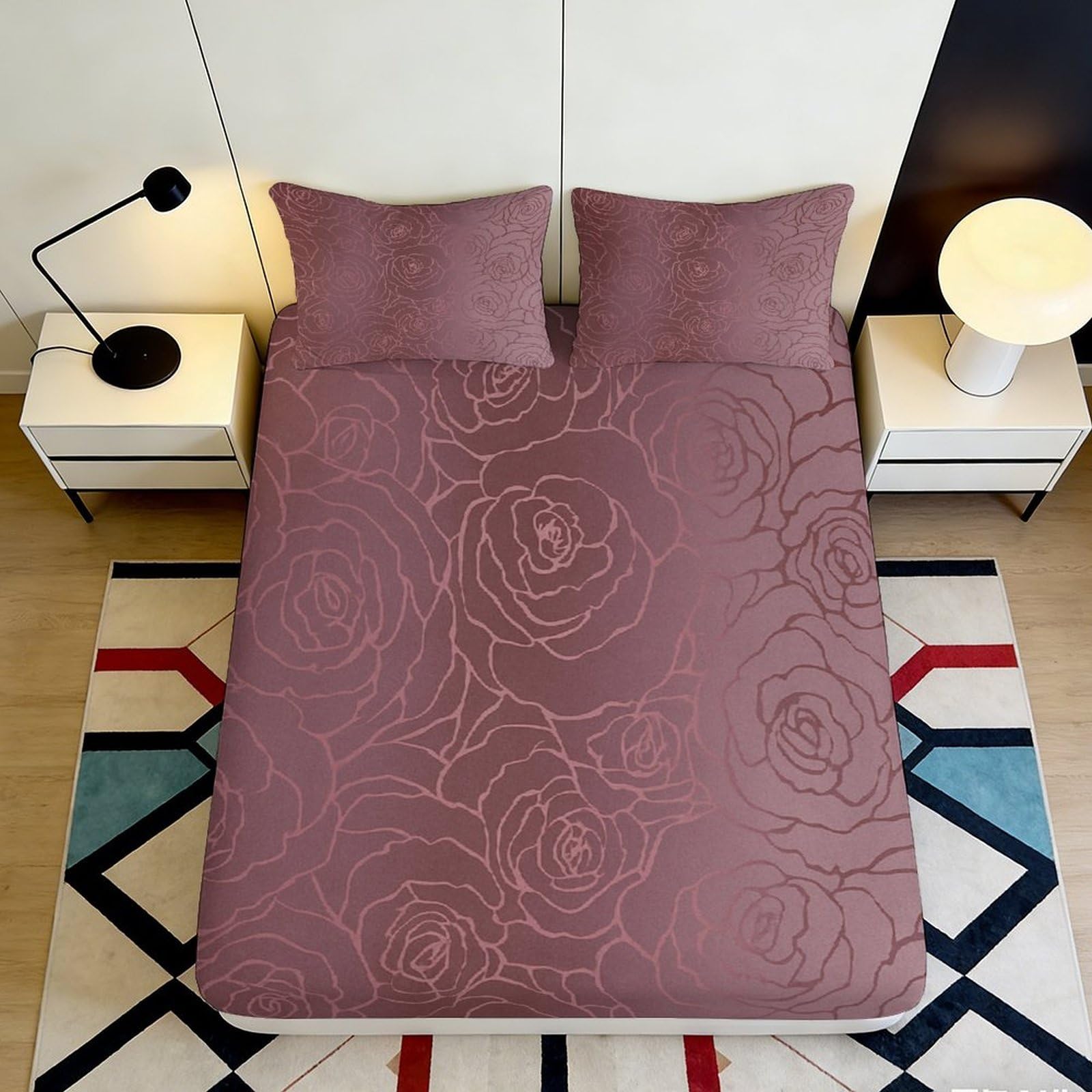 Zfldkwgb Style-10 3D Printed Rose Blossom Fitted Sheet Microfiber Soft Maroon Floral Mattress Cover For Bedroom Guest Room Decor Protection 90X200x25cm