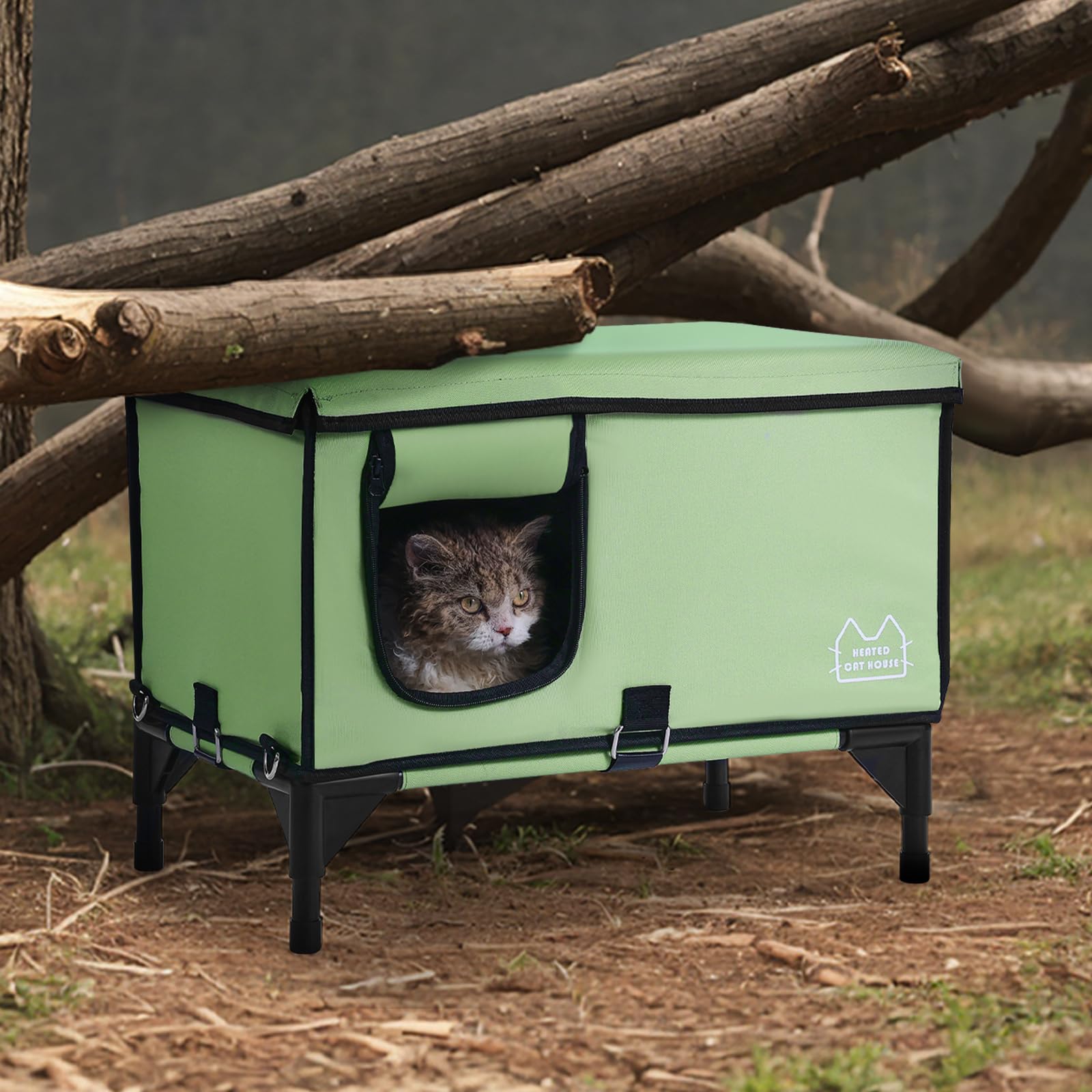 VEVOR Casa Elevada con Calefacción para Gatos 53 x 33 x 42 cm Refugio Plegable de Tela Oxford 900D para Gatos en Forma de Cubo con Temperatura Ajustable y Temporizador, Almohadilla Térmica, Verde (M)