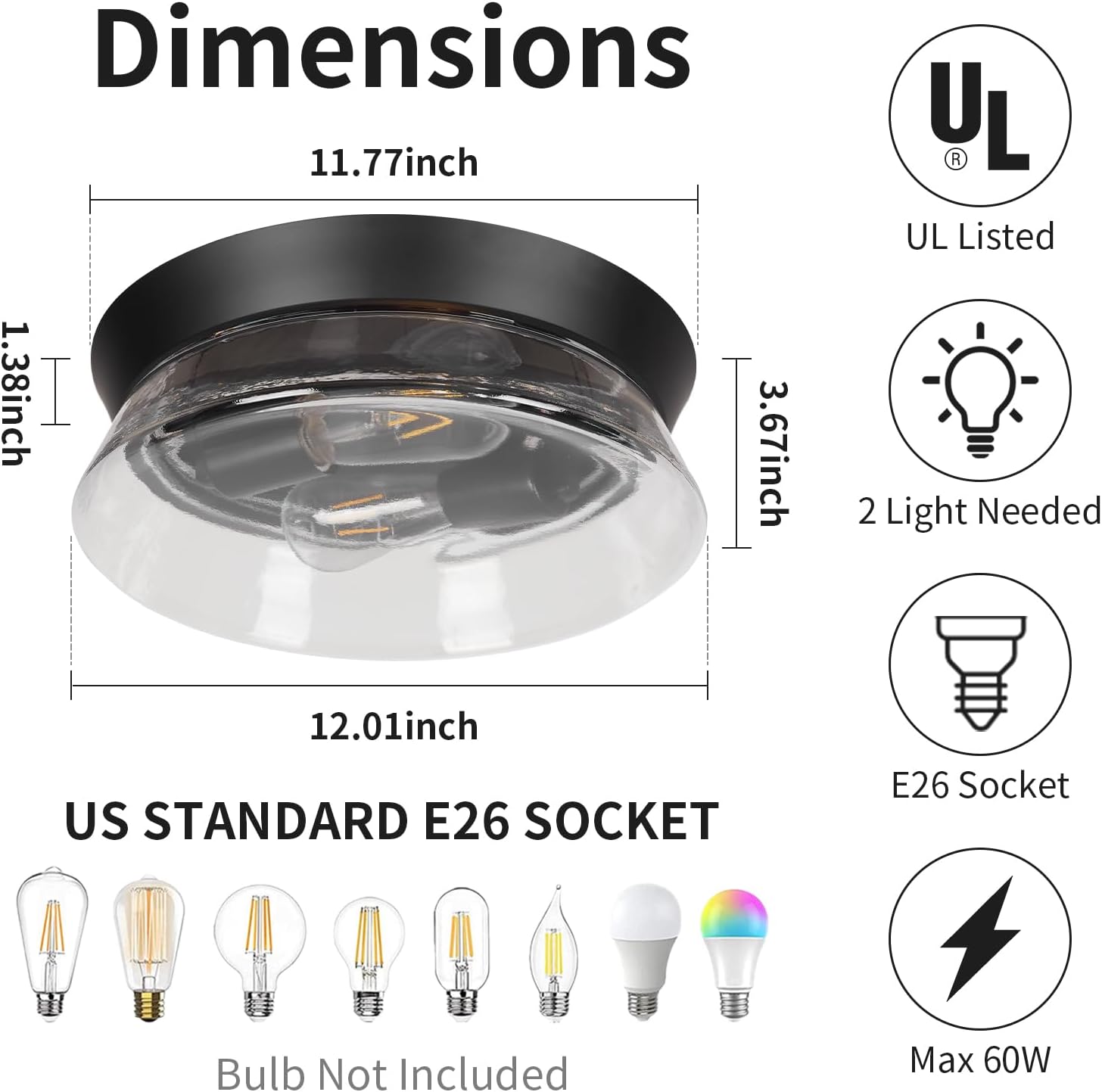 Motion Sensor Outdoor Ceiling Light, Black Modern Flush Mount Light Fixture with Clear Glass, Farmhouse Waterproof Ceiling Light for Porch, Patio, Hallway, Entryway, Garage (2 Blub Needed)