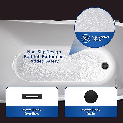 Vista 76 de WOODBRIDGE Bañera de acrílico independiente de 59 pulgadas, bañera blanca de remojo contemporáneo con desbordamiento y drenaje negro mate, Mate