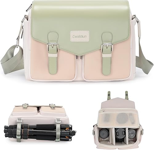 Miniatura 11 de Cwatcun Bolsa de Hombro para Cámara Estuche de Cámara Compacta, Pequeña Bolsa Mensajero Impermeable para Cámara con Soporte para Trípode, Bolsa de