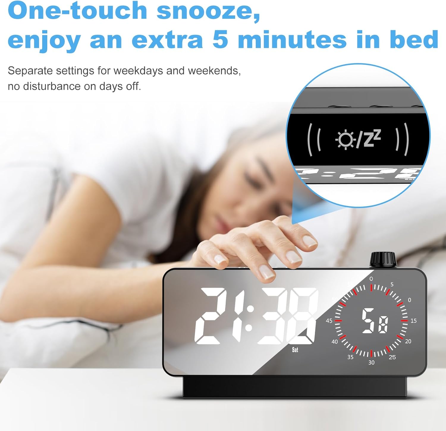 Three levels of screen brightness for the alarm clock: 1 level, 2 level, and 3 level brightness.
