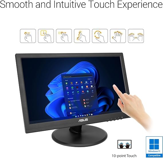 ASUS 15.6 1080P Touch Monitor (VT169HE) - Full HD, 10-Point Touchscreen, IPS, Wide Viewing Angle, Frameless, Eye Care, Flicker Free, Low Blue Light, HDMI, Windows 11 Compliance, VESA Mountable