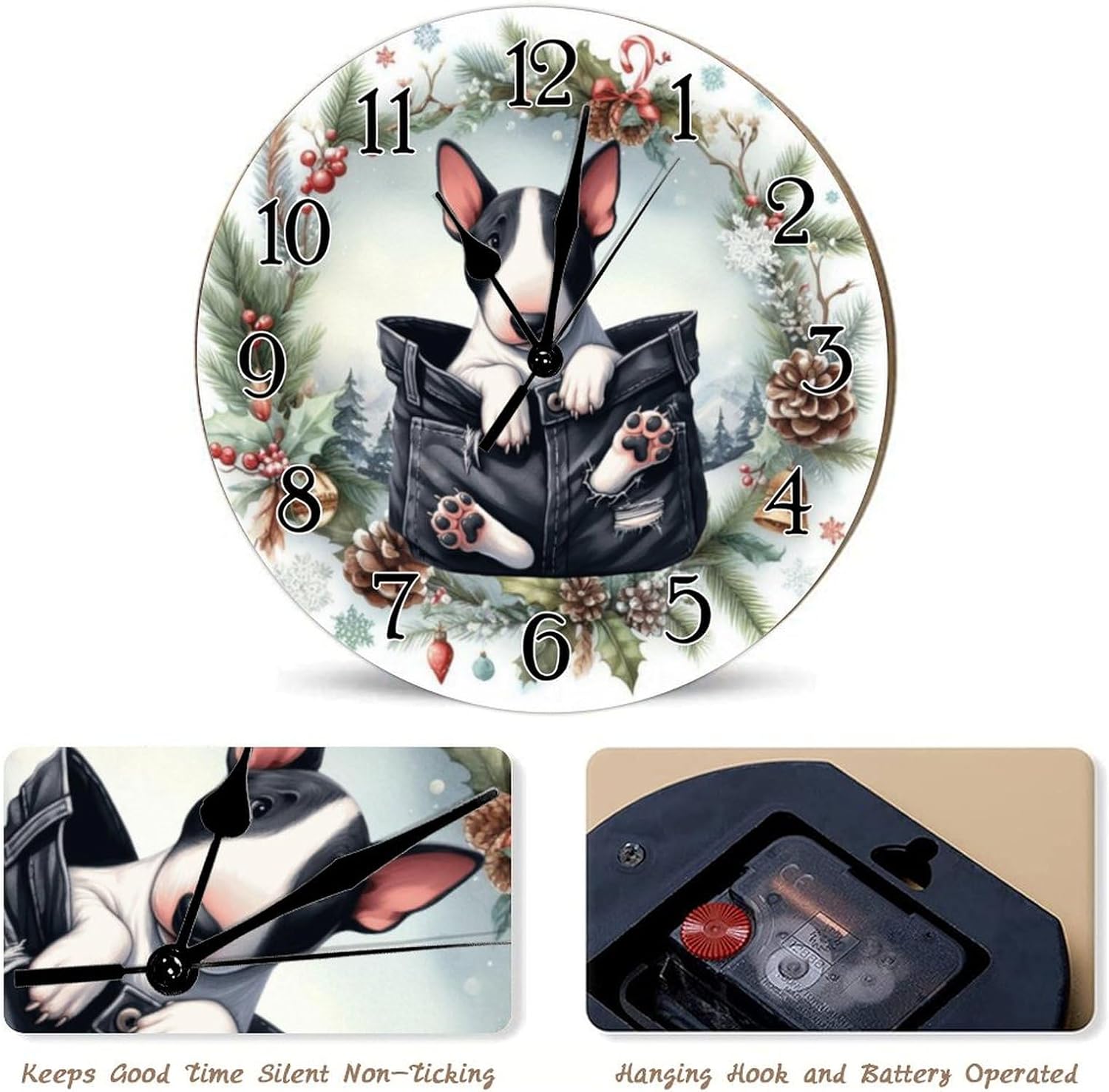 Clock Bull Terrier Wooden Clock Bull Terrier Funny Pocket Peeking Dog Wood Wall Clocks Non-Ticking Battery Operated Round Clock Pet Owner Gift Clocks for Living Room 15x15in