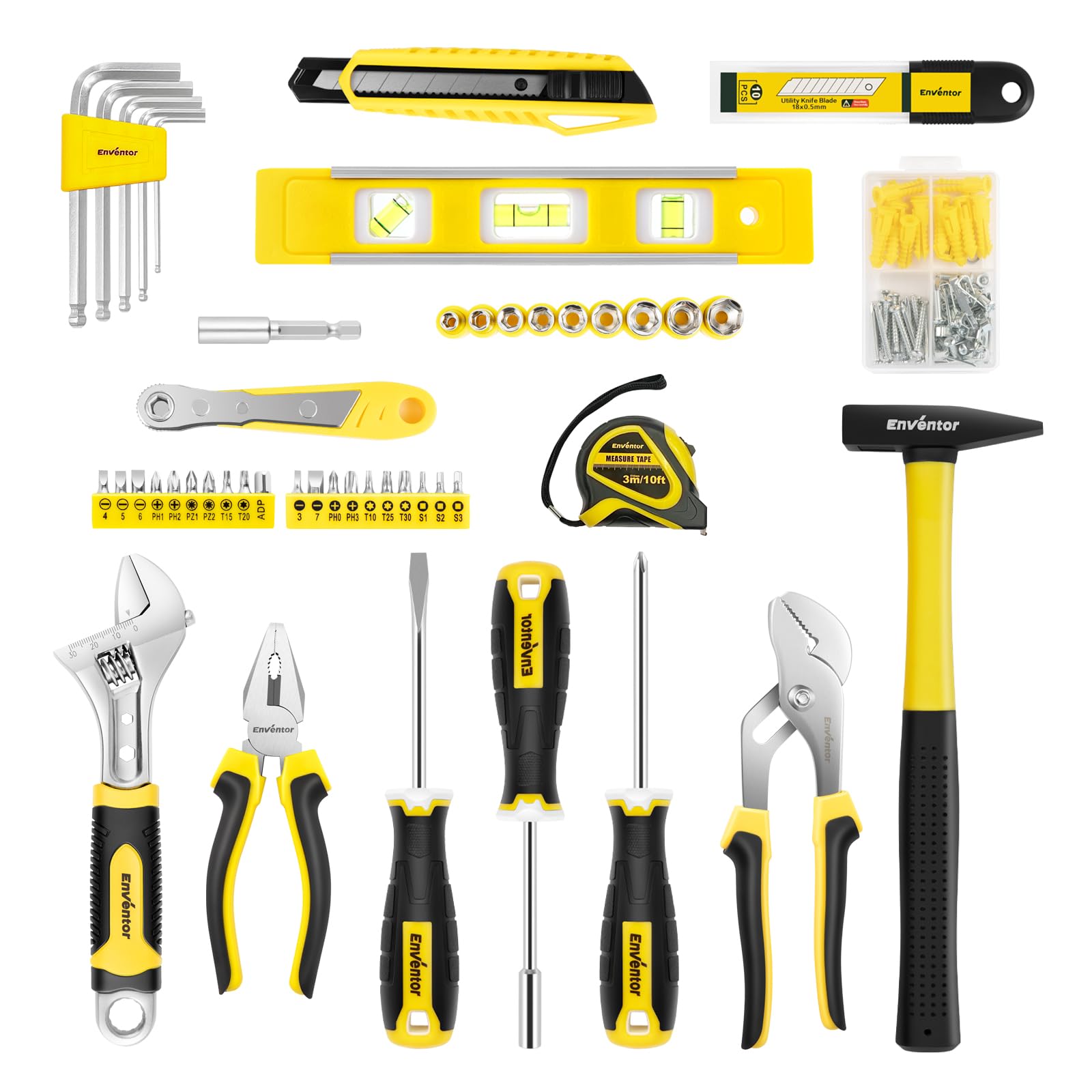 Enventor Cassetta Attrezzi Completa 158 Pezzi Giallo, Set Attrezzi da Lavoro con Cacciavite Chiave a Martello, Utensili da Lavoro con Cassetta Degli Attrezzi, Valigetta Attrezzi Completa per la Casa