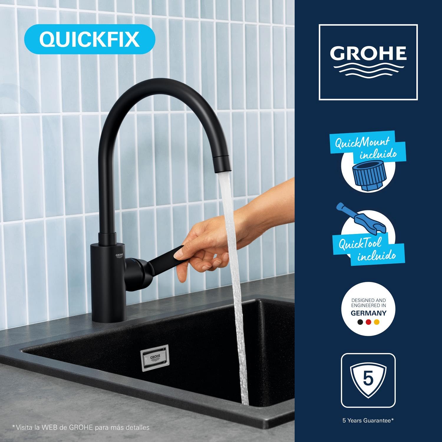 GROHE Get – Grifo de cocina monomando (caño alto en C 353 mm, ángulo de giro ajustable, cartucho cerámico 35 mm, conexiones 3/8", fácil instalación con QuickMount), Negro Mate, 314942431