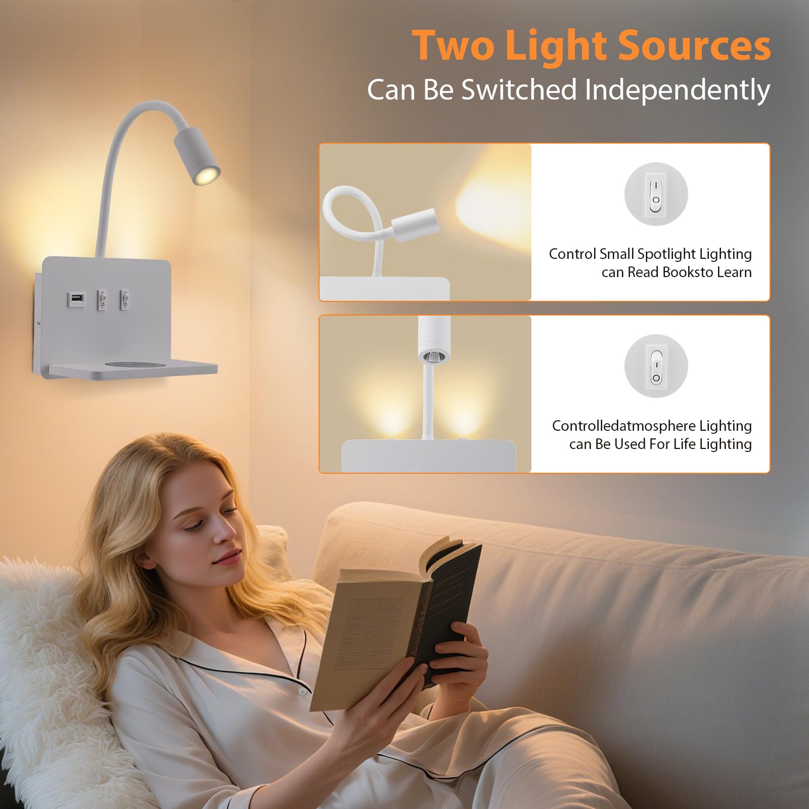 Leselampe Wandmontage mit USB 3 IN 1, 3W+10W Leselampe Bett mit Schalter und Wireless Charger, LED Wandleuchte Bett Leselicht 360° Schwenkbar Schwanenhals Lampe mit für Schlafzimmer(2PCS)