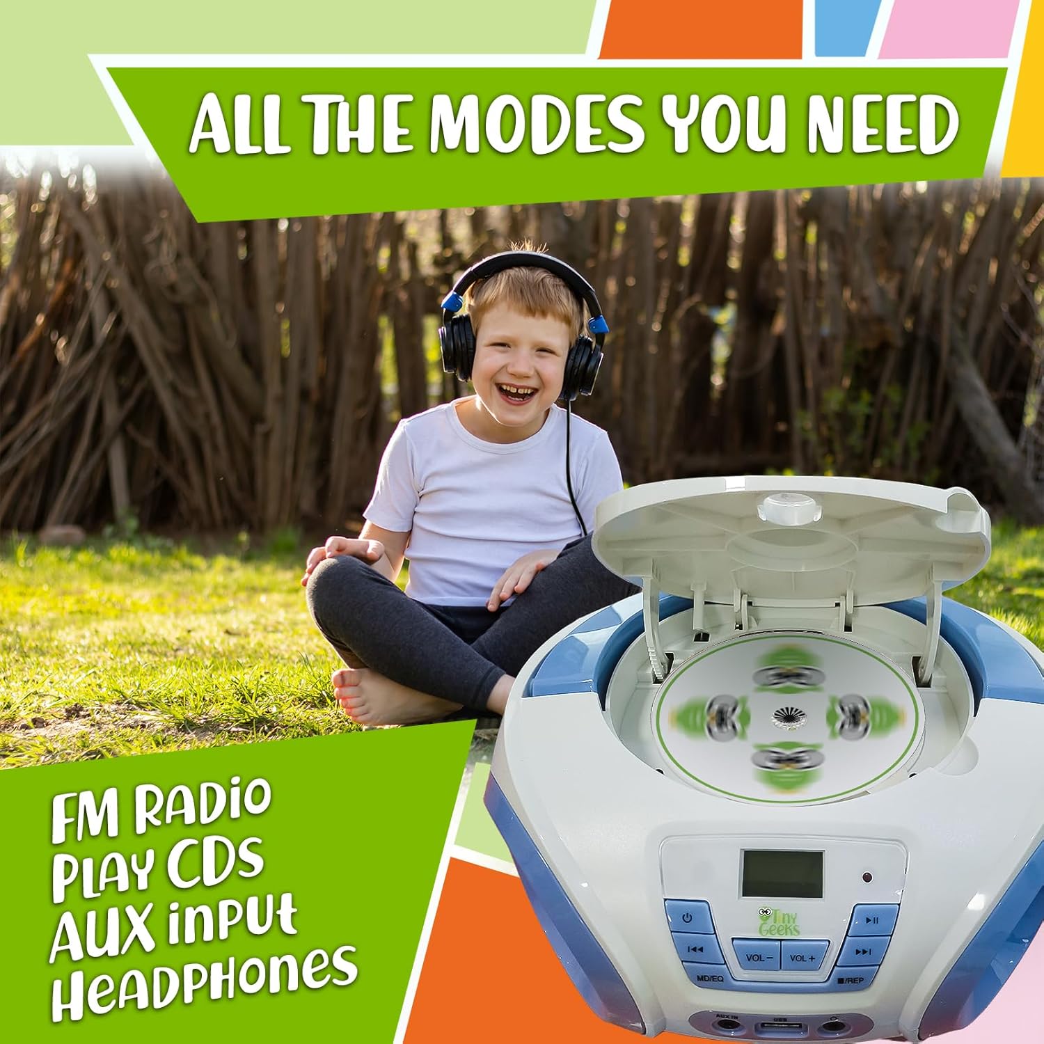 Tunes Kids Boombox CD Player for Kids - NEW 2023 - FM Radio - Batteries Included - Cute white Radio cd Player with Speakers for Kids and Toddlers - Blue