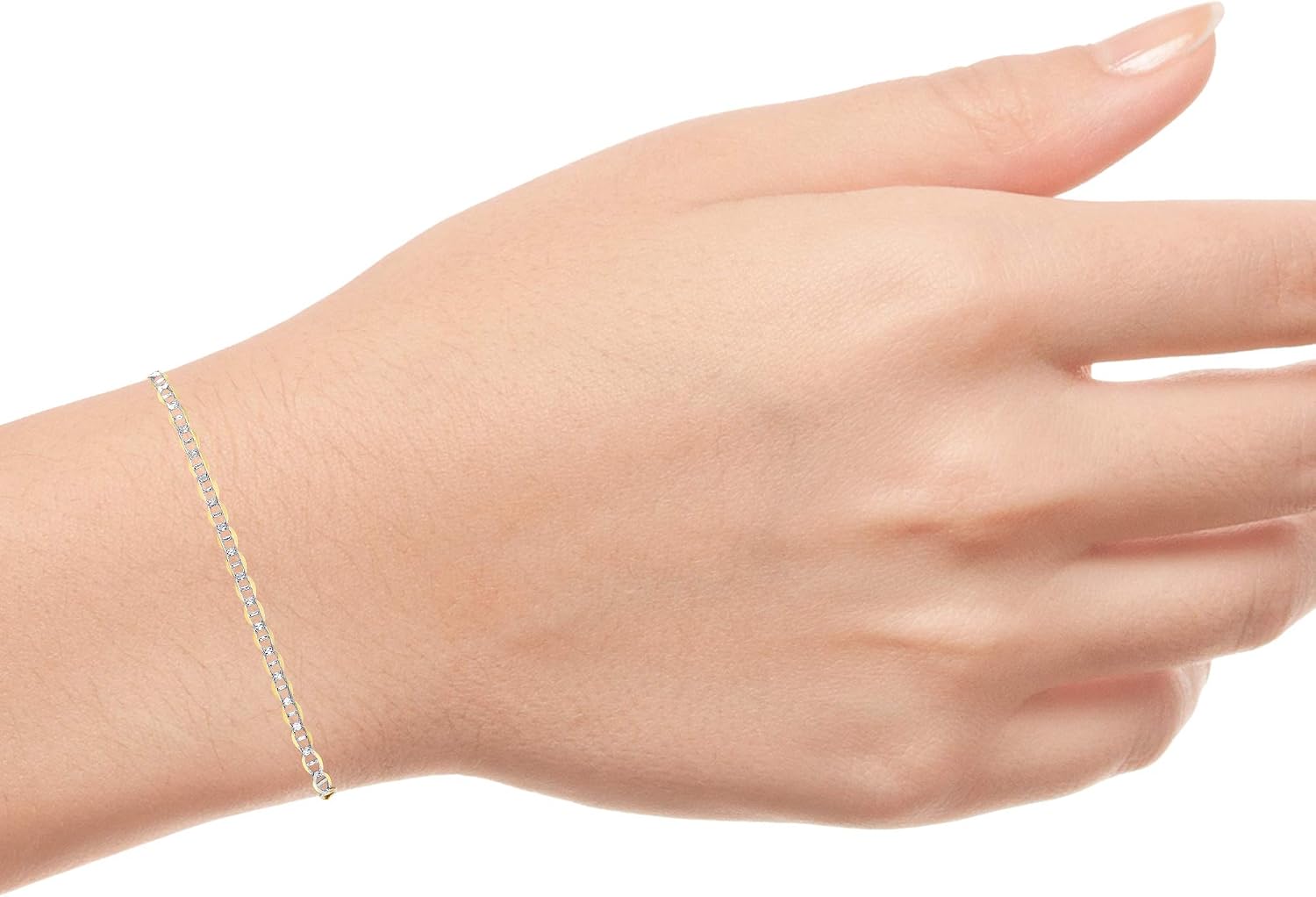 Nuragold 10k Real Yellow Gold Solid Mariner 2.5mm Anchor Chain Pave Diamond Cut Bracelet or Anklet (7"-9") Two Tone Italian Jewelry for Men & Women