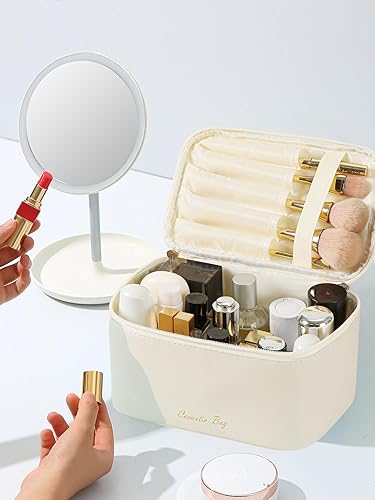 Miniatura 2 de Linda bolsa de maquillaje pequeña para mujeres, bolsa mediana para artículos de aseo, impermeable, organizador (beige claro)