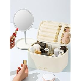 Meiyuuo Makeup Bag Large Cosmetic Bags for Women Girls Cute Travel Zipper Pouch Toiletry Organizer for Beauty Essentials Waterproof (Beige)