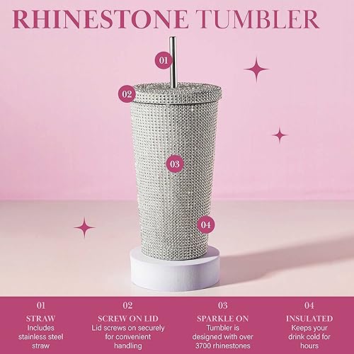 Miniatura 3 de Paris Hilton Diamond Bling - Vaso de agua con tapa y popote, de acero inoxidable aislado al vacío, deslumbrante con más de 3700 diamantes de