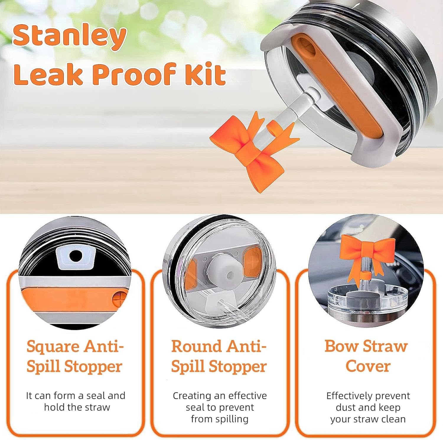 6PCS Orange Stanley Cup Accessories Set Fit for Stanley Cup 30oz 40oz,Including Spill Proof Stopper,Sparkly Silicone Boot,Bow Shape Straw Topper,Personalized Sticker,Handle Charm (Letter C) - Image 5