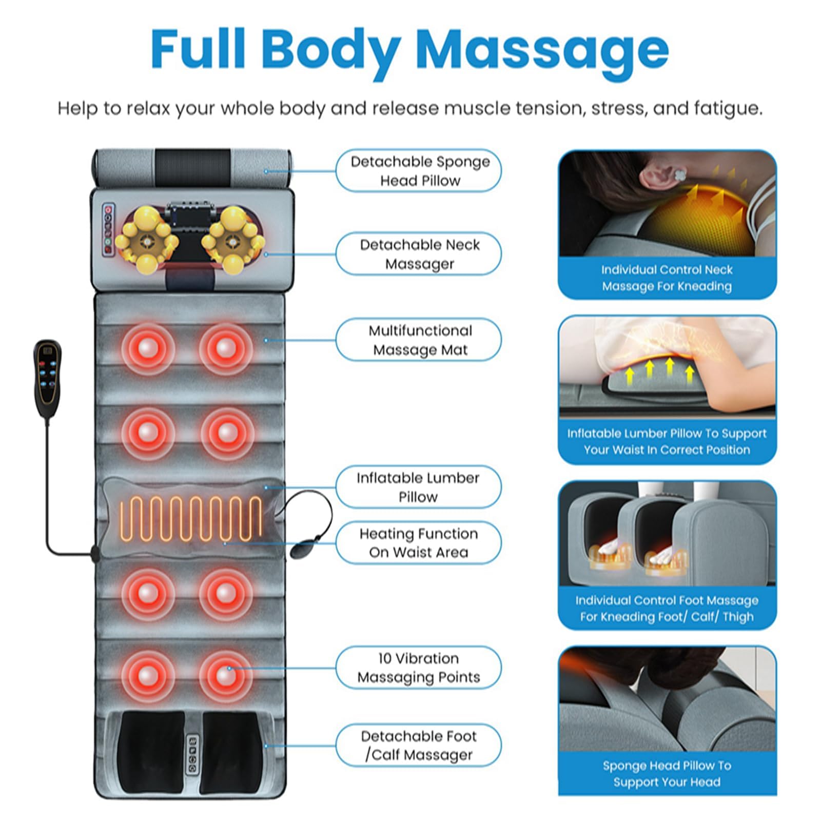 KOCASO Ganzkörper-Massagematte mit Wärme, elektrisch beheiztes Massagekissen mit Vibration für Rücken/Nacken/Fuß, abnehmbares Kopfkissen, Timer-Funktion